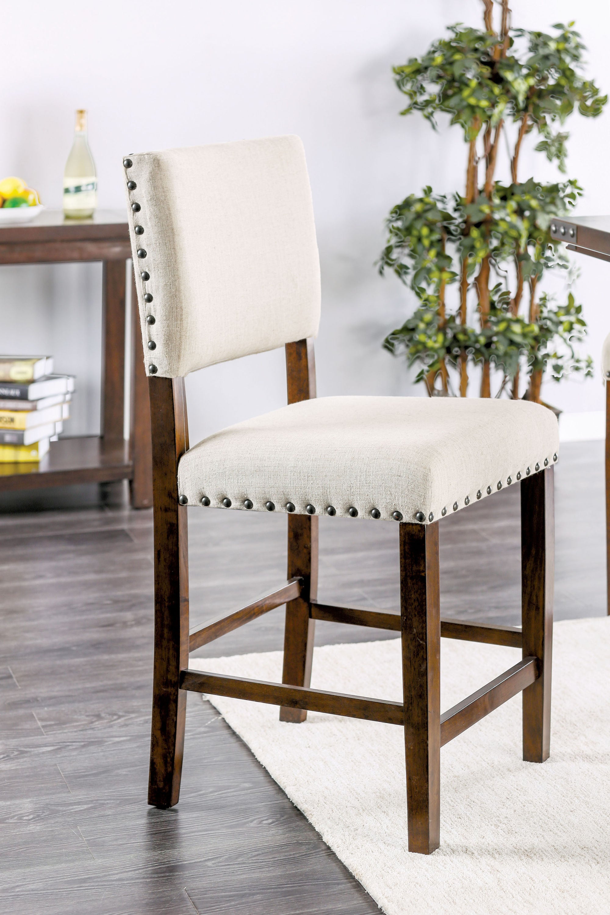 2-Piece Classic Counter Height Dining Chairs Set - Ivory Linen Upholstered with Padded Cushion & Nailhead Trim - Solid Cherry Wood Frame - Perfect for Kitchen Island, Breakfast Nook & Small Dining Spaces