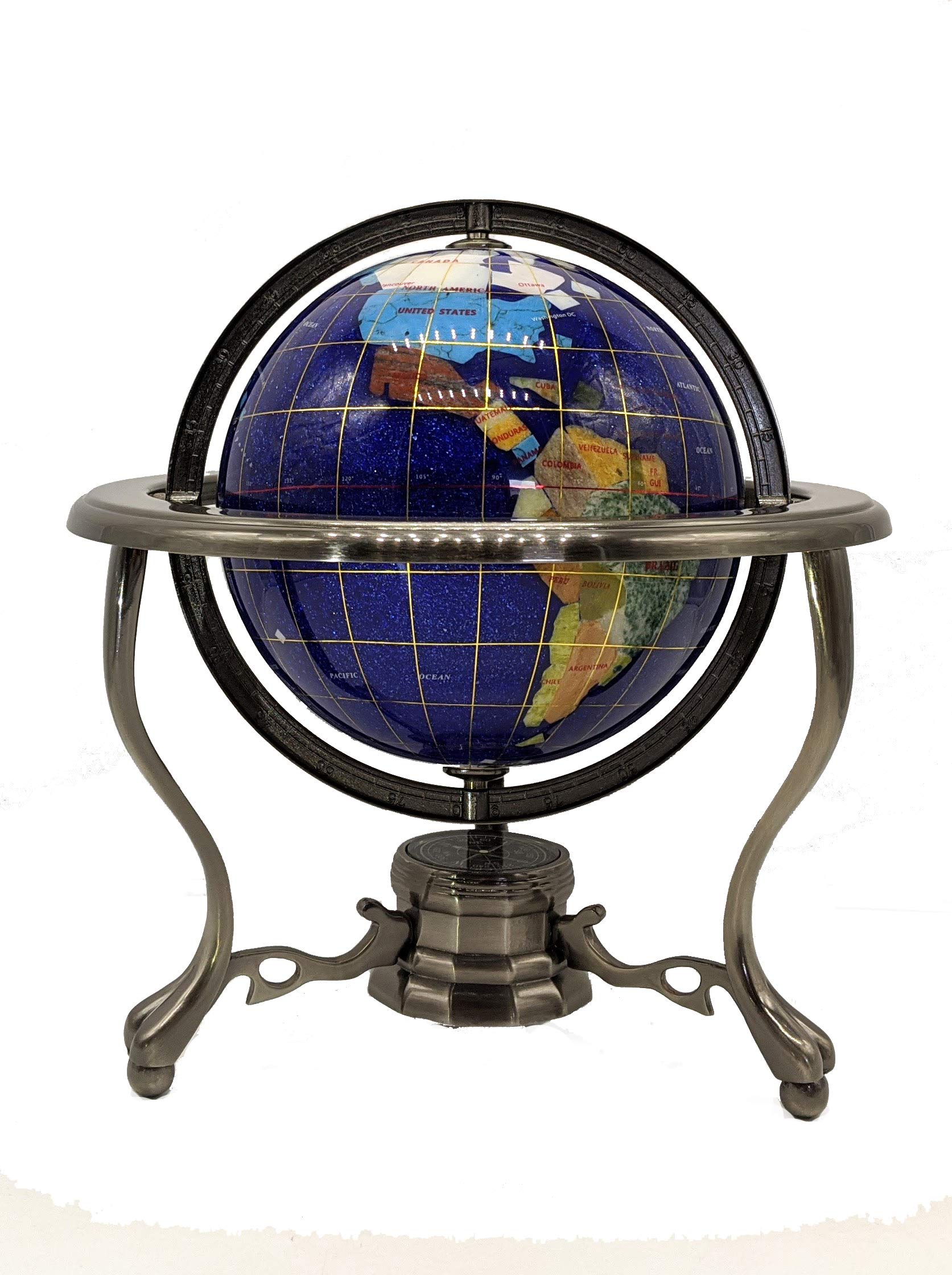 10-Inch Blue Crystallite Ocean Gemstone Globe with Silver Tripod Stand - Unique Art Tabletop Decoration for Home Office, Gift & Feng Shui Decor