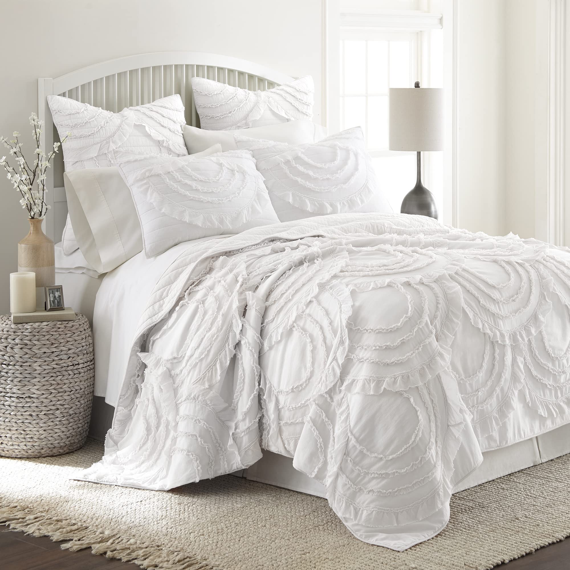 Levtex Home Allie Queen Size Cotton Quilt Set - Soft White Bedding with Elegant Ruched Ruffles for Cozy Bedroom Decor, Perfect for Master Bedrooms and Guest Rooms