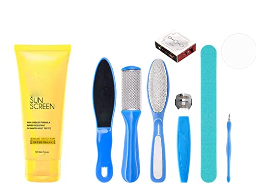 **SIRF TUM 7 Ultra Matte Sunscreen Lotion SPF 50+ with Manicure & Pedicure Set – Stainless Steel Foot Care Tools, Foot File & Rasp for Dead Skin Removal – Home Foot Spa Kit for Women & Men – Blue (Pack of 4) – Perfect for Travel, Beach & Daily Skincare Routine**
