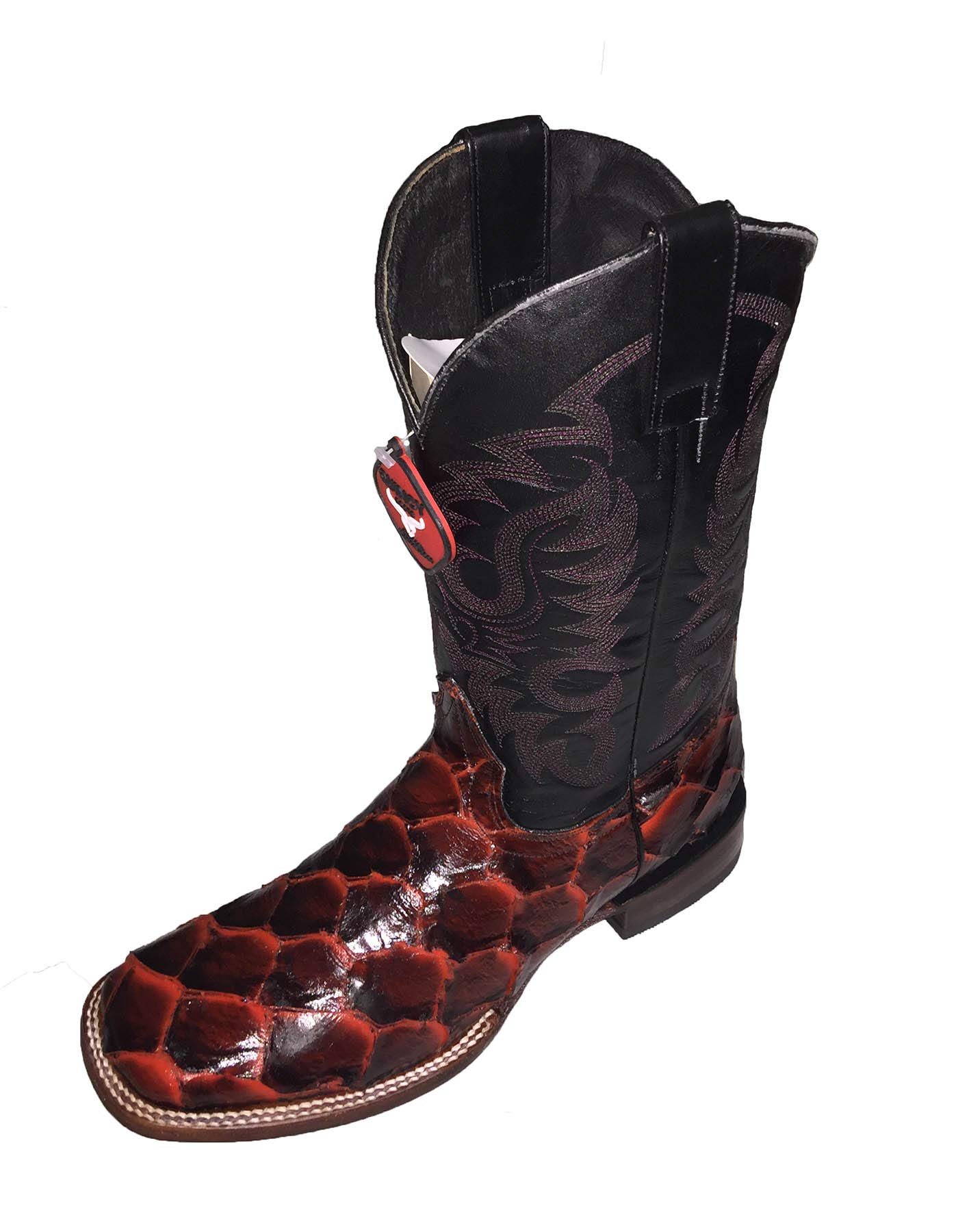 Handcrafted Men's Cowhide Leather Boots with Fish Print - Western Rodeo Style Ranch Toe Boots for Country Dancing & Outdoor Adventures