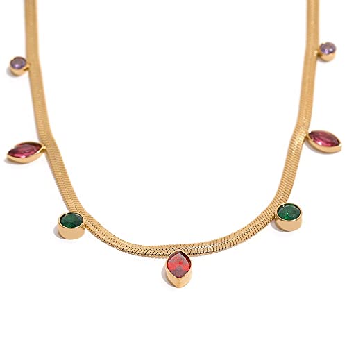Colorful Cubic Zirconia Flat Snake Chain Necklace for Women - 18K Gold Plated Stainless Steel Dainty Jewelry - Perfect for Parties, Weddings & Everyday Elegance