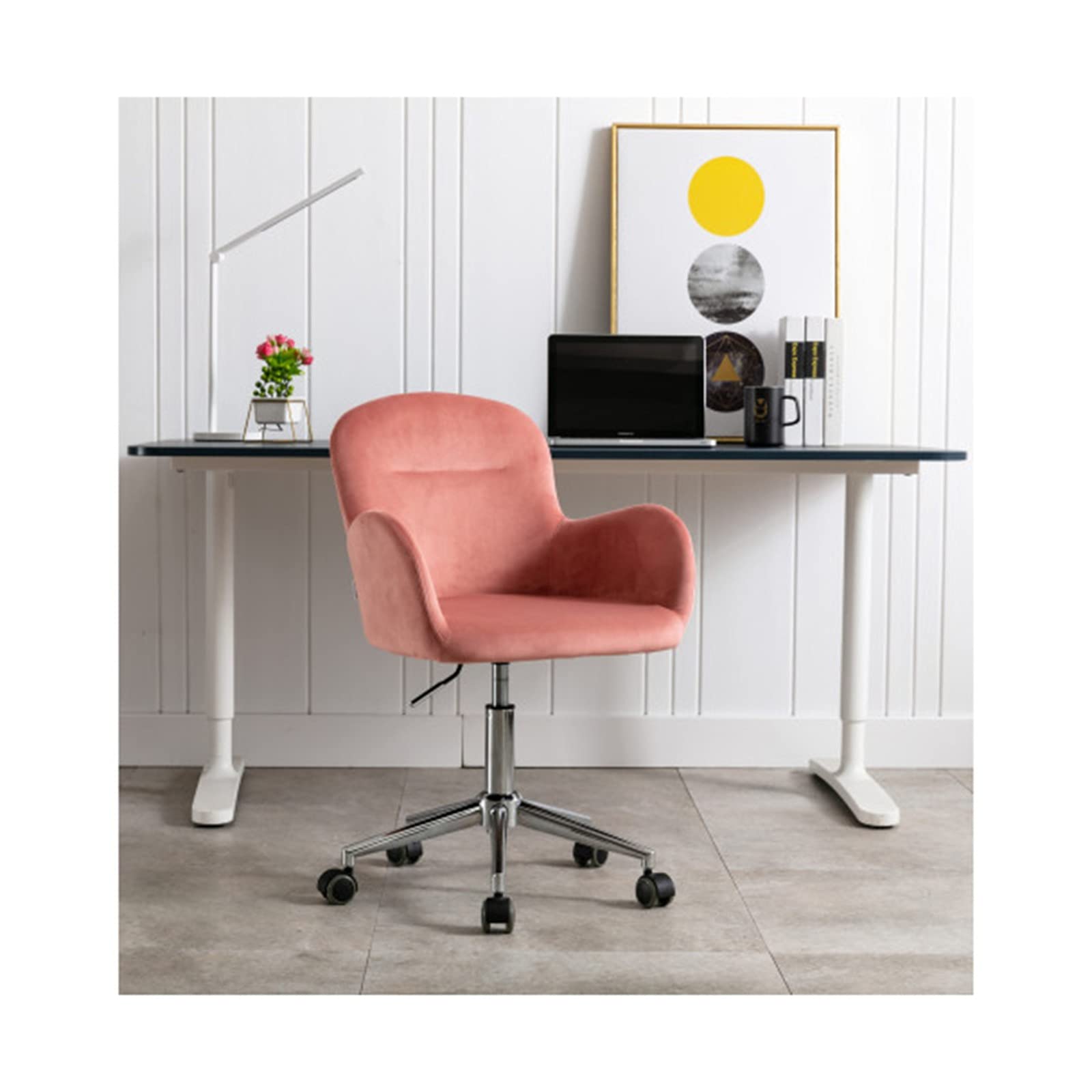 Velvet Swivel Office Desk Chair - Modern Ergonomic Armchair for Home Office, Living Room & Study - Soft Shell Backrest with 360° Rotation - Pink Leisure Chair for Work & Relaxation