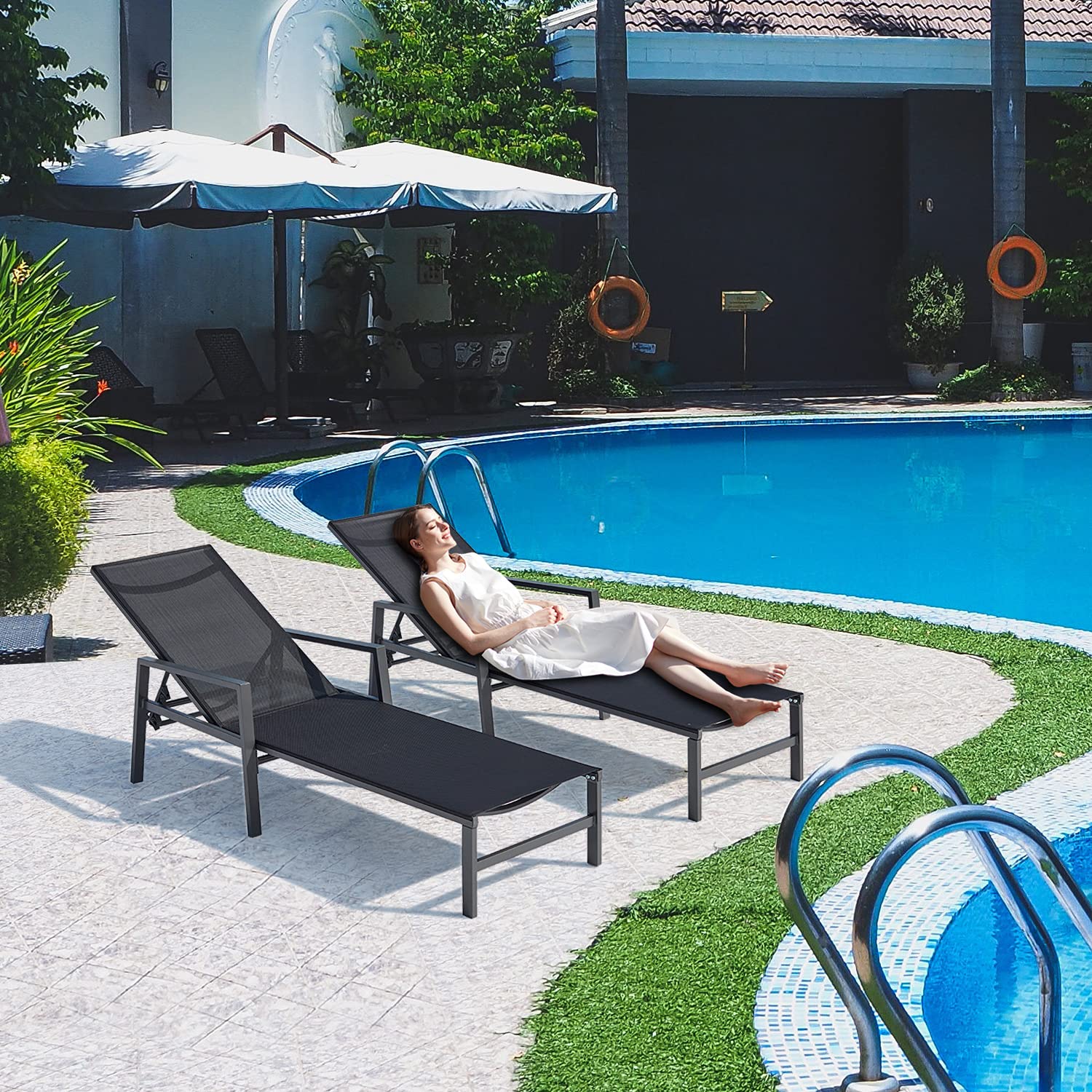 2-Pack Aluminum Outdoor Chaise Lounge Chairs with 5 Adjustable Backrest Positions - Patio, Poolside & Backyard Relaxation - Weather-Resistant Black Lounge Set for Garden, Balcony & Deck