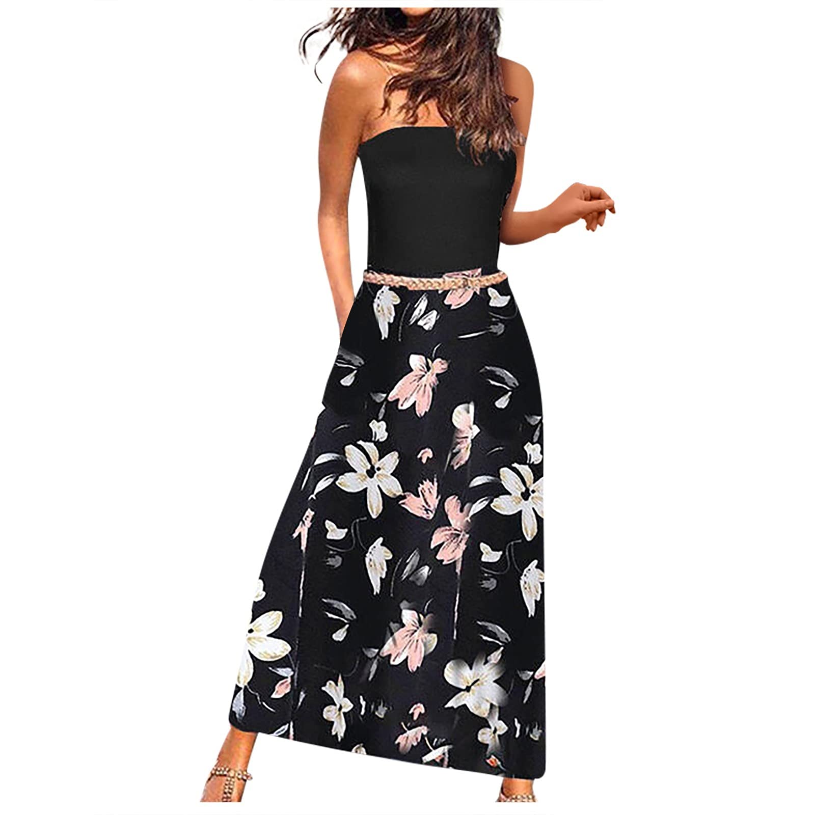 BISXOTY Women's Floral Print Bandage Maxi Dress - Sleeveless Strapless High Waisted Swing Dress for Casual Wear, Holiday Parties & Night Out