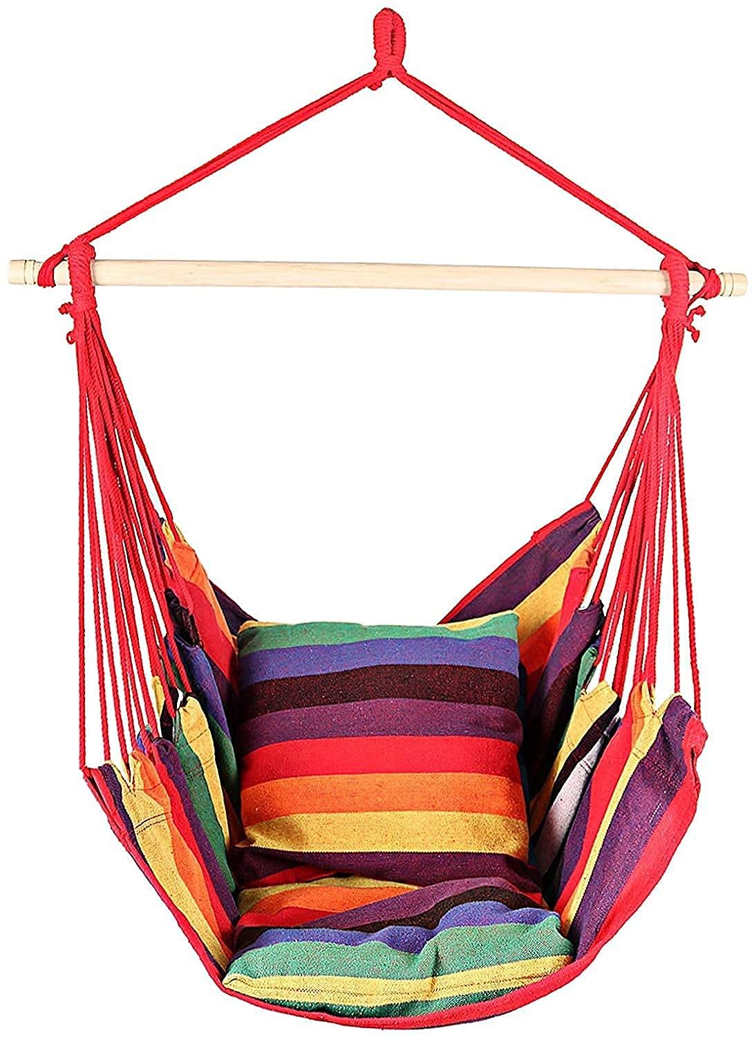Portable Folding Hammock Chair Swing with 2 Seat Cushions - Heavy Duty Cotton Rope Hanging Chair for Camping, Porch, Garden, Patio & Backyard - Perfect for Relaxing, Reading & Outdoor Lounging