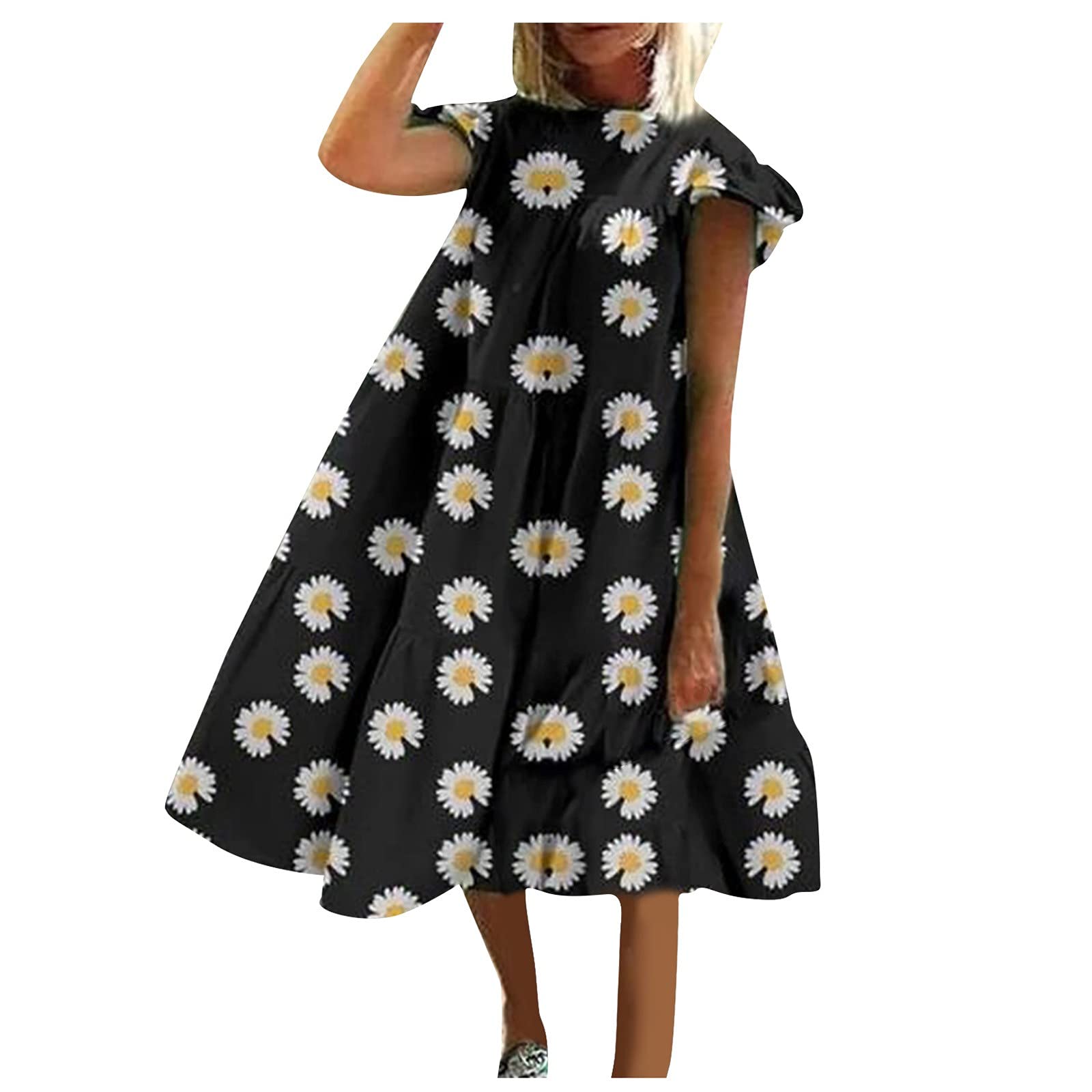 Hamovessi Women's Summer Floral Print Sundress - Round Neck Short Sleeve High Waist Casual Dress for Beach, Holiday & Party Wear | Perfect for Vacation, Outdoor Events & Summer Outfits