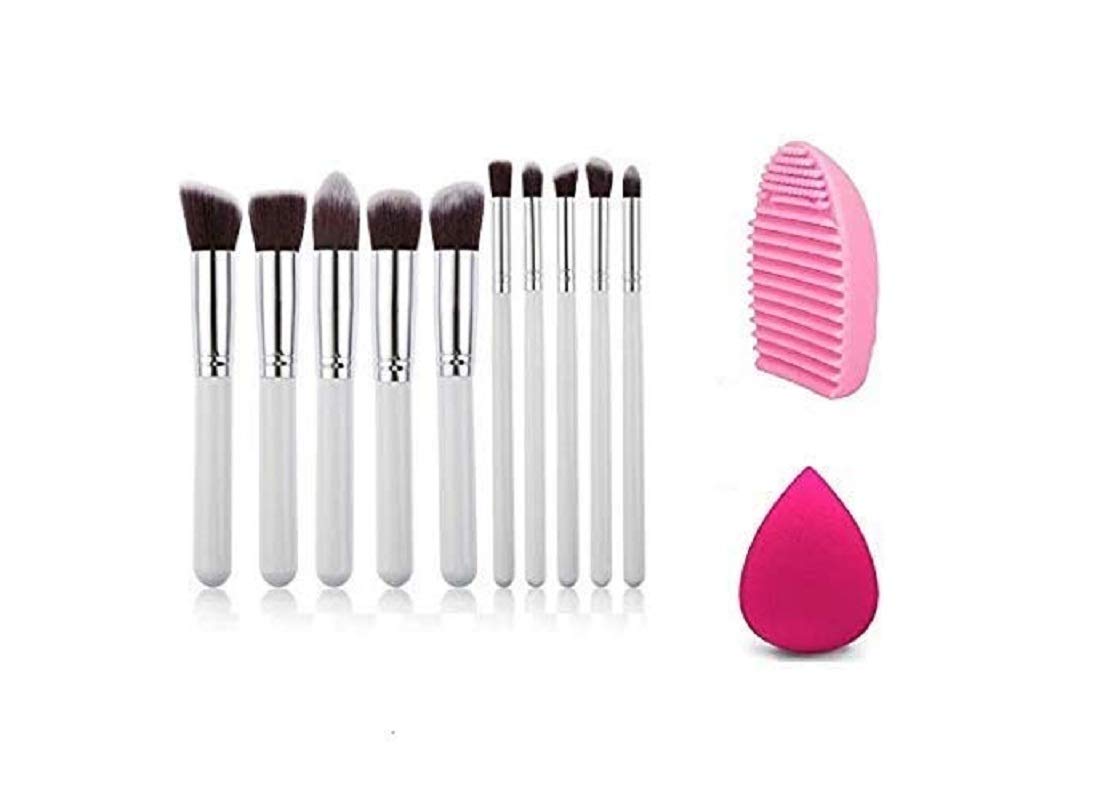 **Angelie Professional 10-Piece White Makeup Brush Set with Sponge Puff & Brush Cleaner – Perfect for Makeup Artists, Beginners & Daily Beauty Routine**