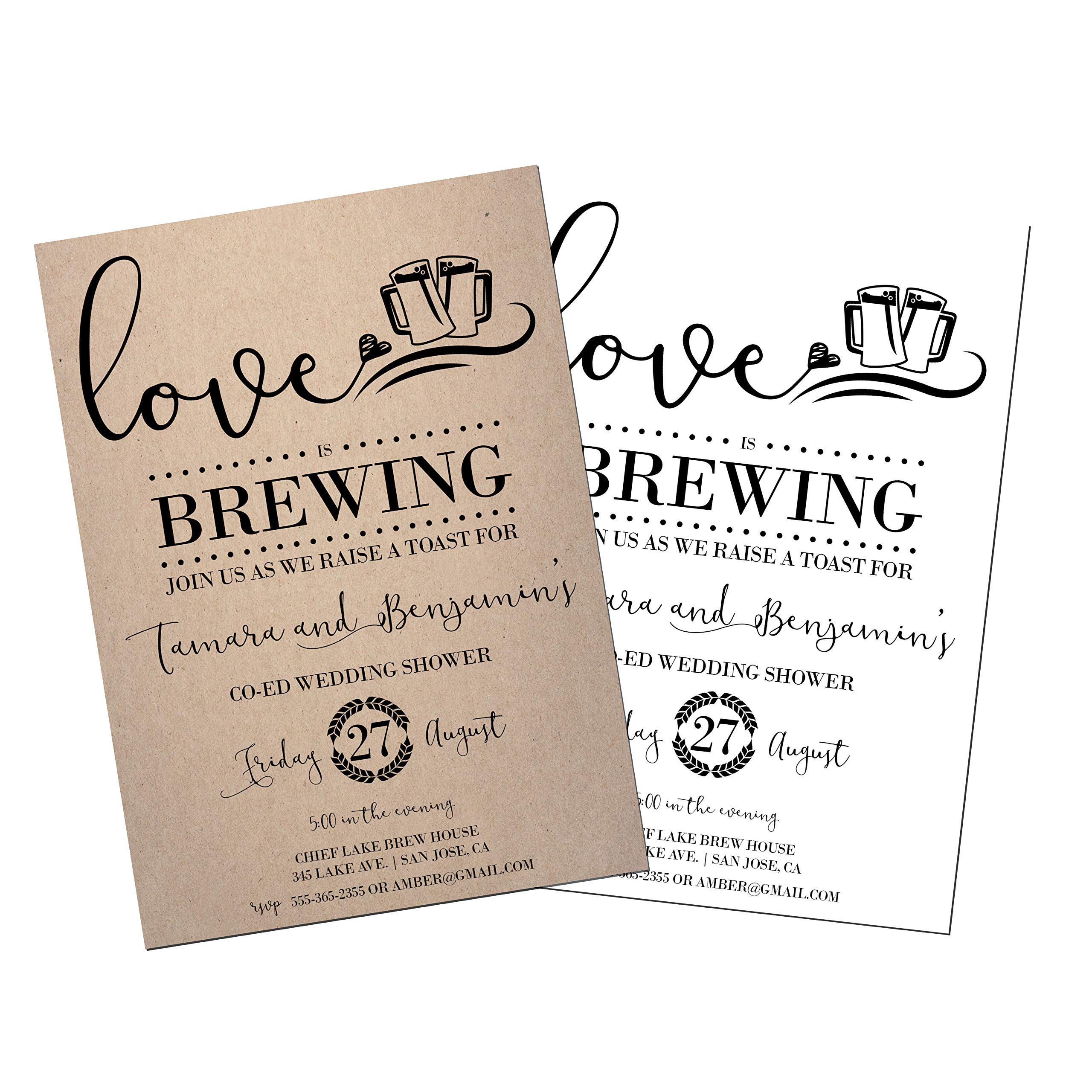 Love is Brewing Shower Invitations - Unique Couples Shower Invites for Beer Tasting & Brewery Theme | Kraft Paper Craft Wedding Invitation | Perfect for Engagement Parties & Baby Showers
