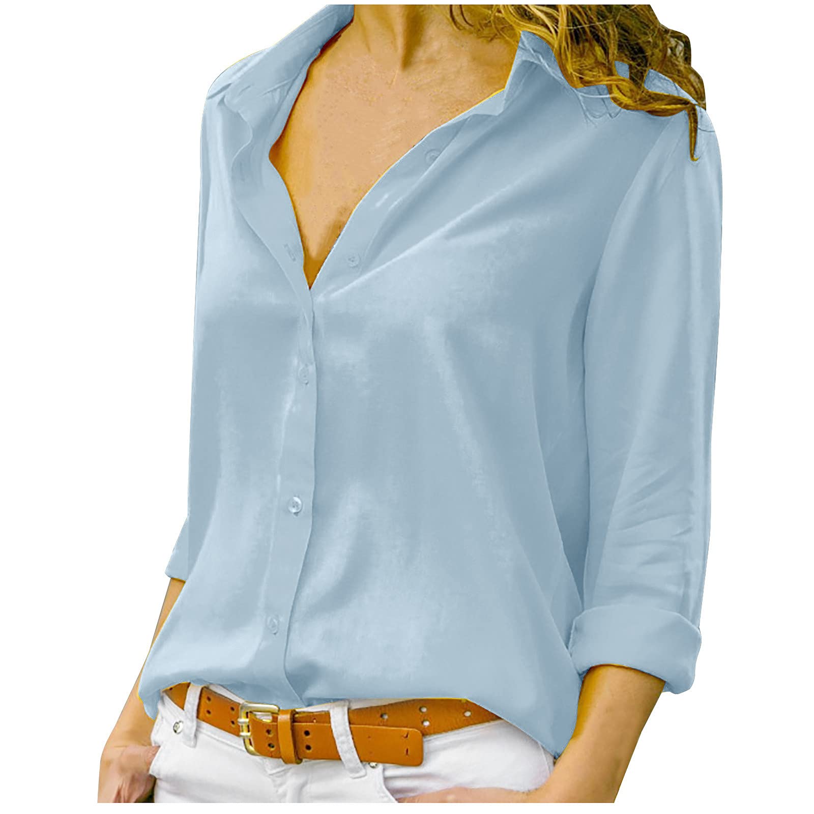 HUANKD Women's Long Sleeve Blouse - Elegant Single Breasted Lapel Chiffon Shirt for Office, Party & Casual Wear | Solid Color Tops for Women | Professional & Stylish Work Shirts