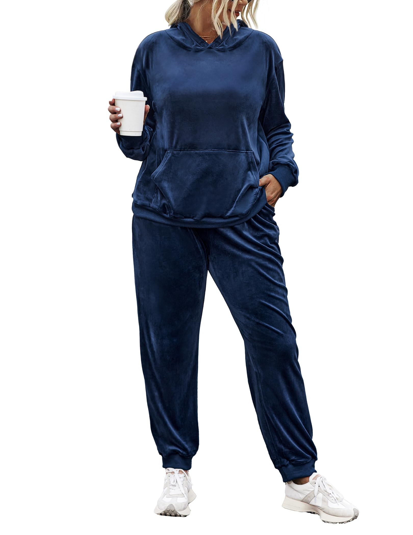 IN'VOLAND Plus Size Women's 2-Piece Velour Tracksuit Set - Soft Pullover Hoodie & Comfortable Sweatpants with Pockets | Lounge Wear, Casual Outfit, Gym Clothes, Home Comfort