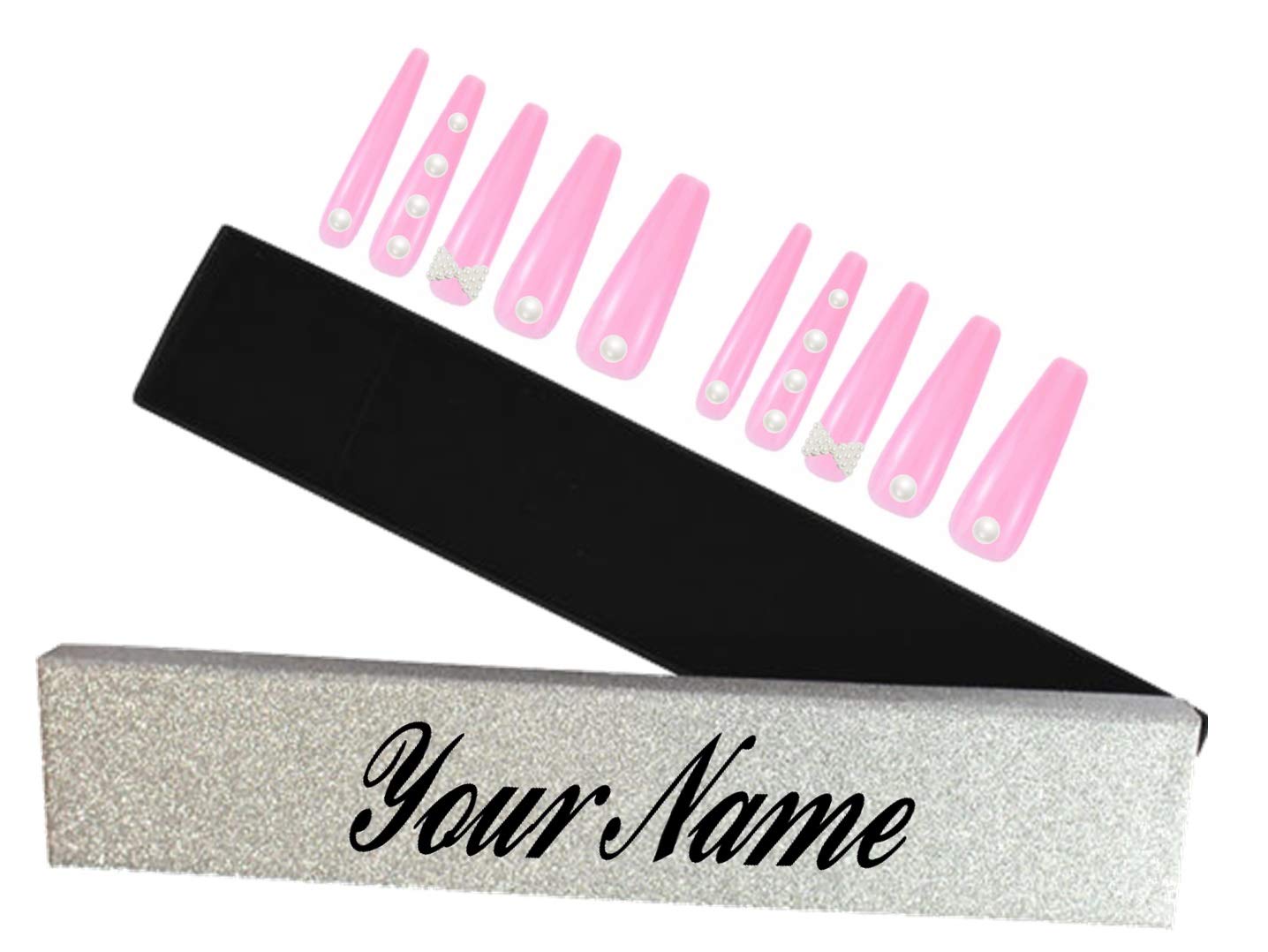 Personalized Pink Acrylic Coffin Ballerina Press-On Nails Set with Prep Kit, Pearls & Bow - 10 Glossy Fake Nails with Extra Stones for Parties, Weddings & Special Occasions