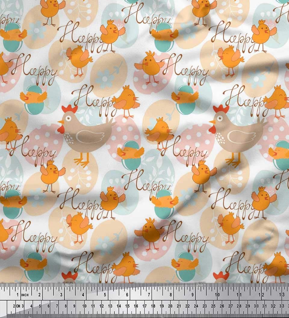 Soimoi Modal Satin Fabric - Egg, Chick & Hen Print Kids Fabric by The Yard (42 Inches Wide) - Perfect for DIY Baby Clothes, Nursery Decor & Easter Crafts