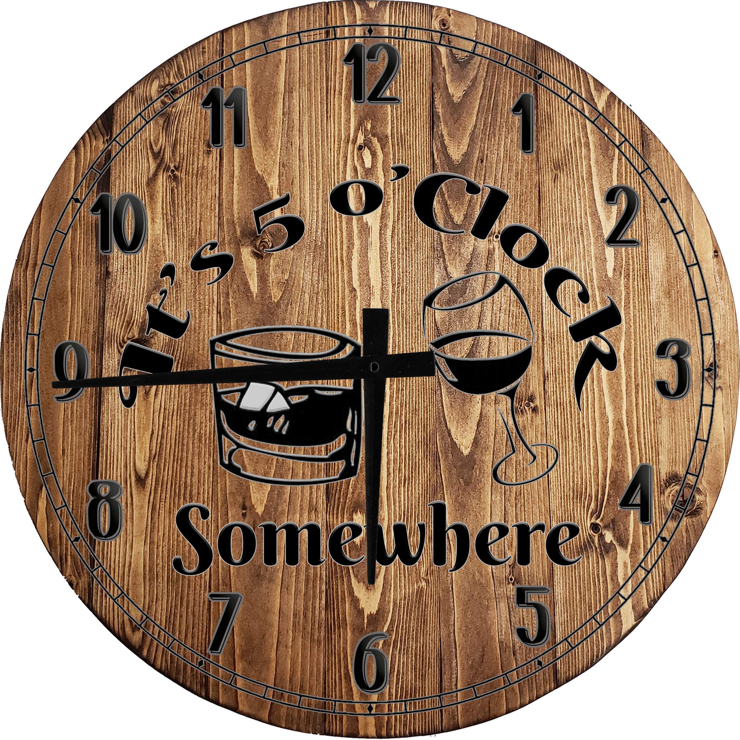 5 O'Clock Somewhere 24 Inch Large Round Wall Clock - Brown Battery Operated Mixed Drinks Decor for Living Room, Bar, or Kitchen