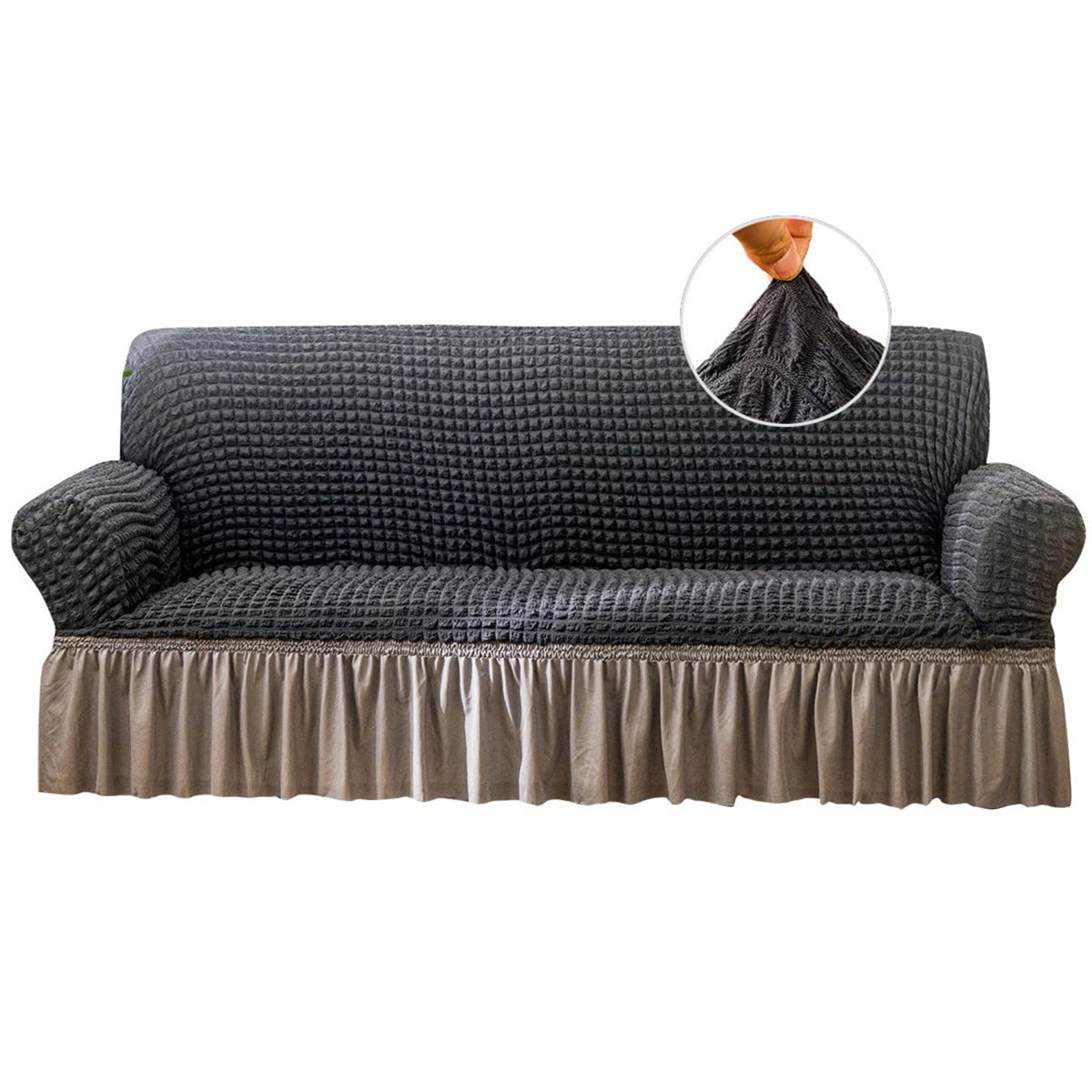 Stretch Sofa Slipcover - Washable Elastic Couch Cover with Skirt for Kids & Pets - Furniture Protector for Sofa Bed - Grey & Brown (Extra Large) - Perfect for Living Room, Family Room & Pet-Friendly Homes