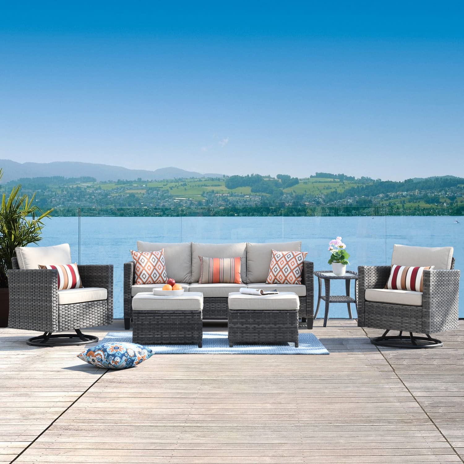 OVIOS 6-Piece Patio Furniture Set - Outdoor Wicker Sectional Sofa with Swivel Rocking Chairs & Side Table, High Back Rattan Furniture for Garden, Yard, Porch (Beige) - Perfect for Relaxing, Entertaining & Outdoor Lounging
