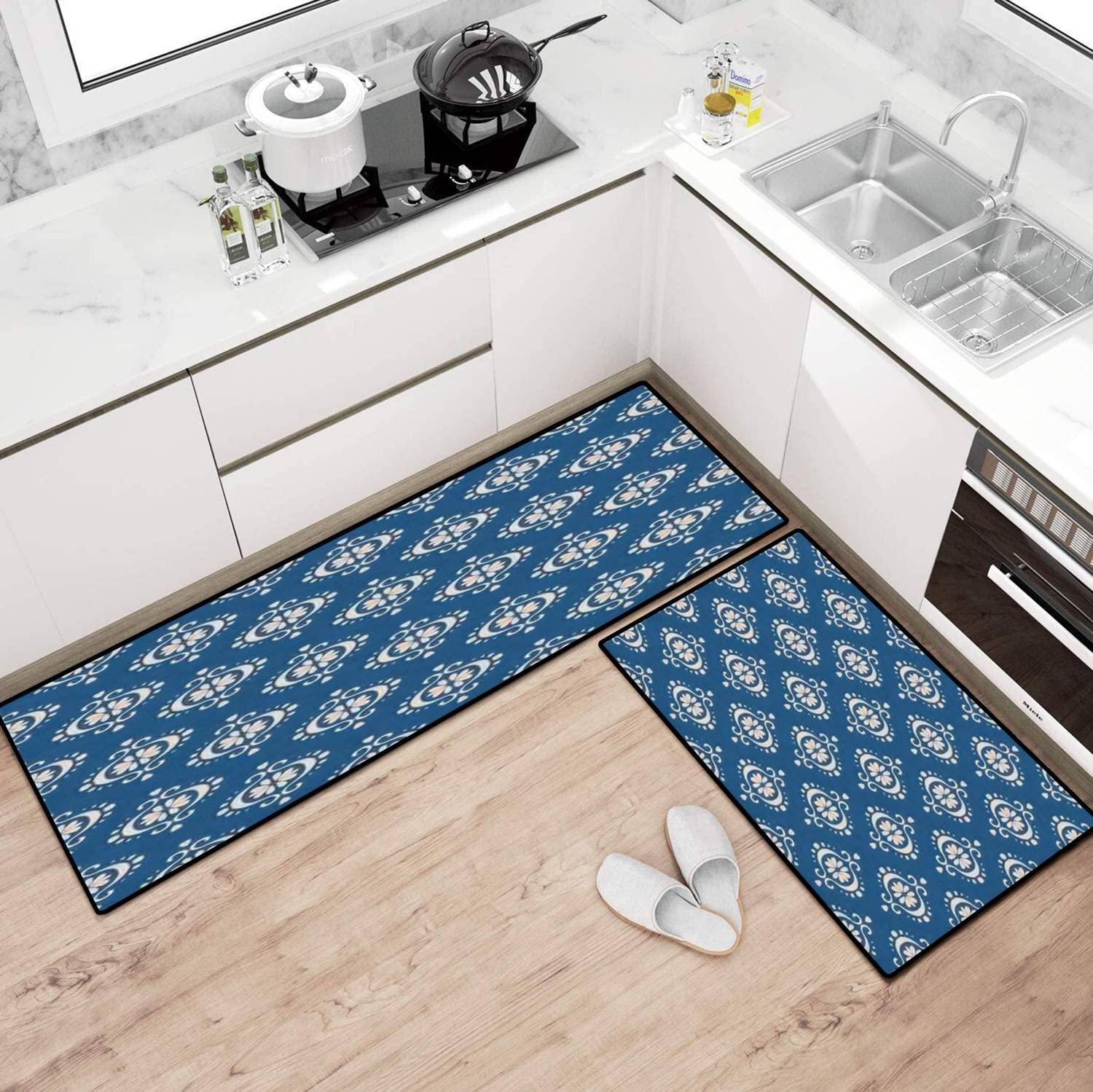 Non-Slip Washable Kitchen Rugs Set - Ikat Geometric Floor Mats for Comfort Standing & Decor