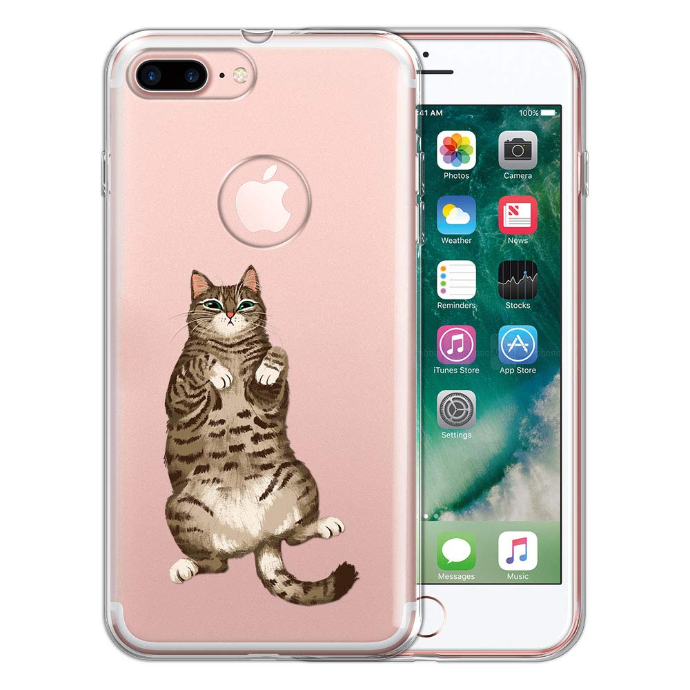 FINCIBO Clear Transparent TPU Case for iPhone 7 Plus & 8 Plus (2016-2017 Models) - Soft Gel Protective Cover with Lazy Brown Tabby Cat Design | Perfect for Everyday Use, Work & Travel Protection