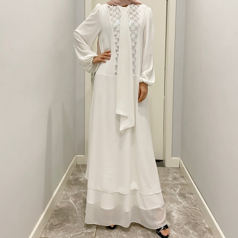 Elegant Muslim Women's Chiffon Abaya Dress with Sequin Embellishments - Perfect for Eid, Weddings & Special Occasions