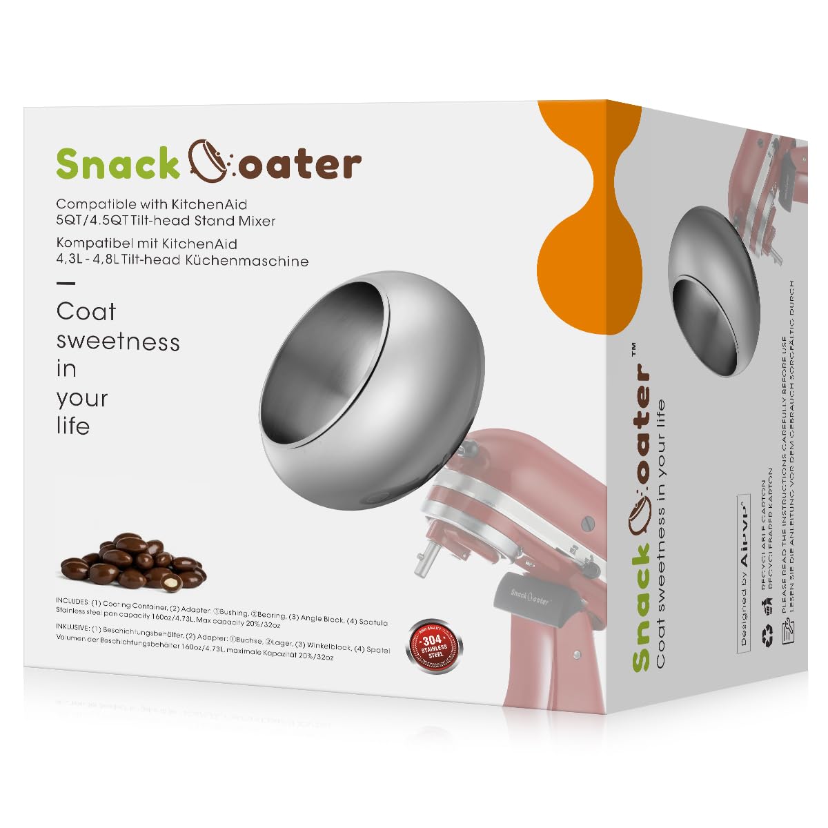 Aieve Snack Coater Attachment for KitchenAid Tilt-Head Stand Mixer - Perfect for Chocolate Covered Nuts, Fruits & Easter Treats | Make Almonds, Pistachios, Peanuts, Freeze-Dried Strawberries, Raisins, Macadamia Nuts & Blueberries | Ideal for Holiday Baking, Party Snacks & Homemade Desserts