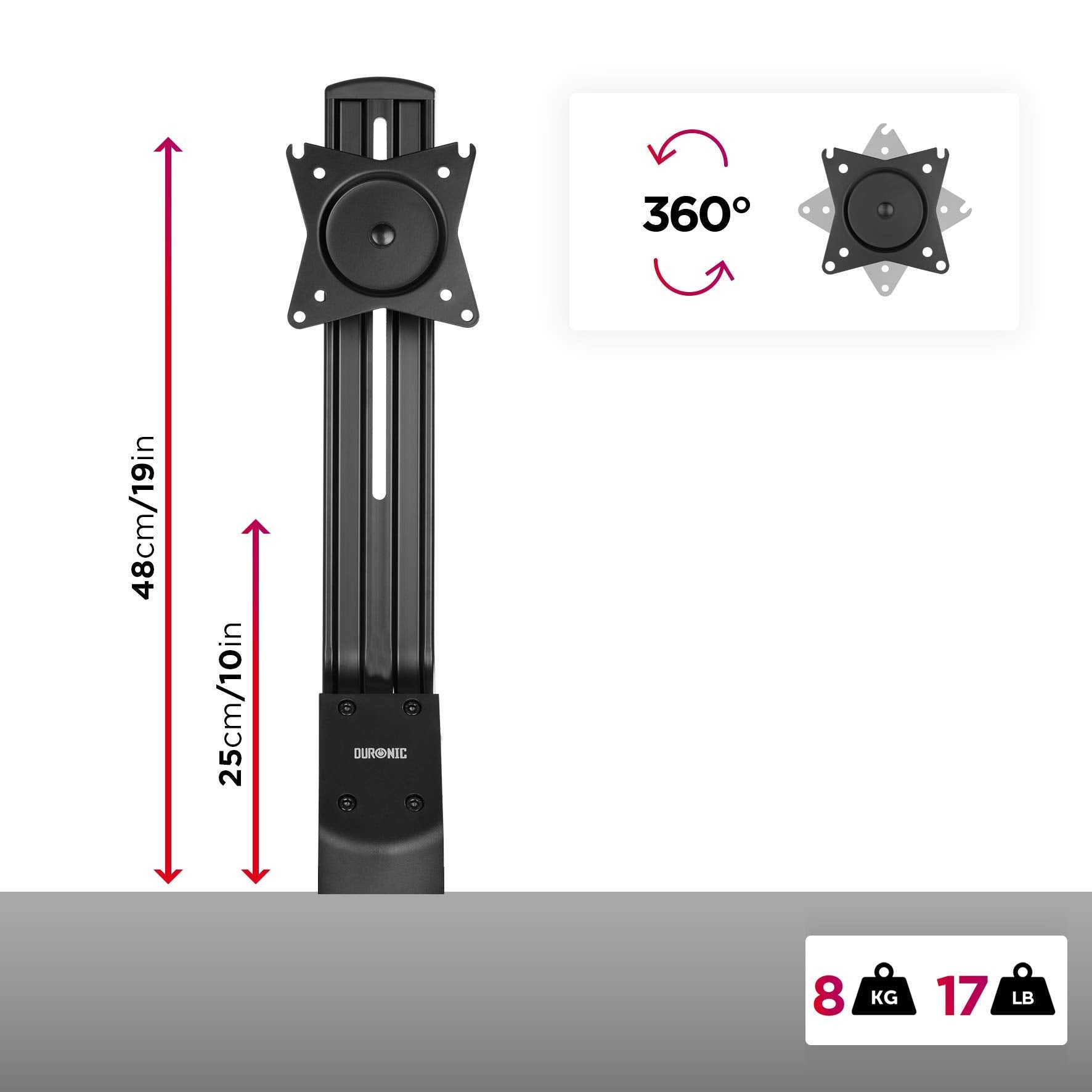 Duronic DM12X1 Low Profile Monitor Arm Stand - Single LCD LED Desk Mount Bracket for 17-30 Inch Screens with 360° Rotation & ±15° Tilt - Perfect for Home Office, Gaming & Workspace Ergonomics