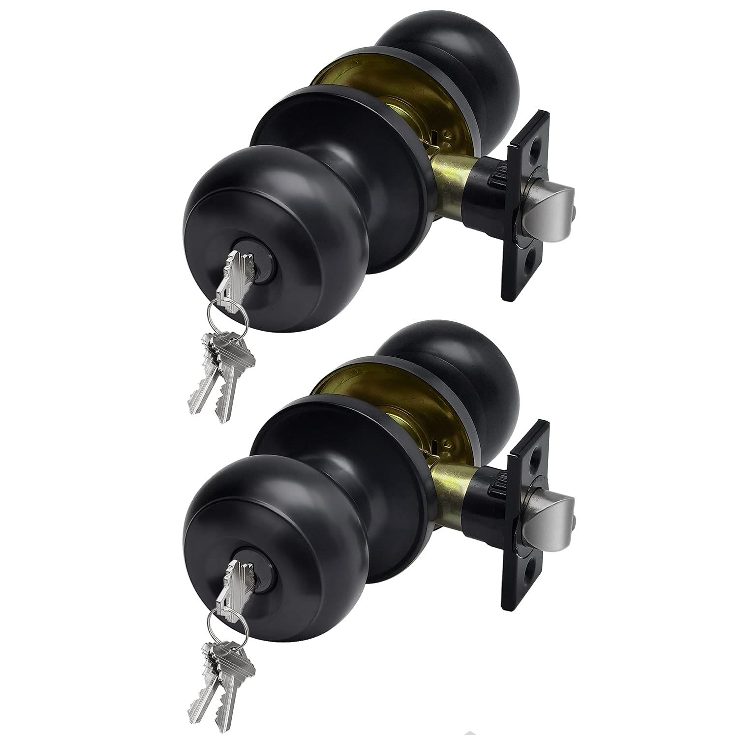 2-Pack Matte Black Entry Door Knob with Lock & Key - Front/Back Door Security