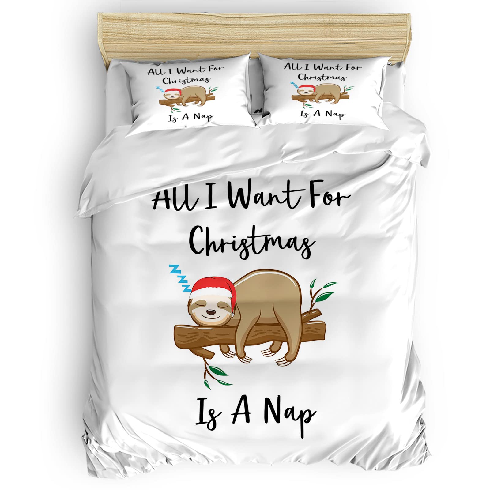 4Pcs Christmas Sloth Duvet Cover Set Full Size - Soft Holiday Bedding with Zipper Closure - Perfect for Festive Bedroom Decor & Cozy Winter Nights