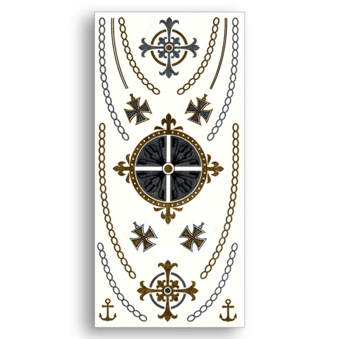 Golden & Silver Metallic 3D Temporary Tattoo - Cross, Chains & Anchor Wrist Arm Design - 21x10CM Fake Tattoo Sticker - Perfect for Parties, Halloween, Cosplay & Festival Body Art