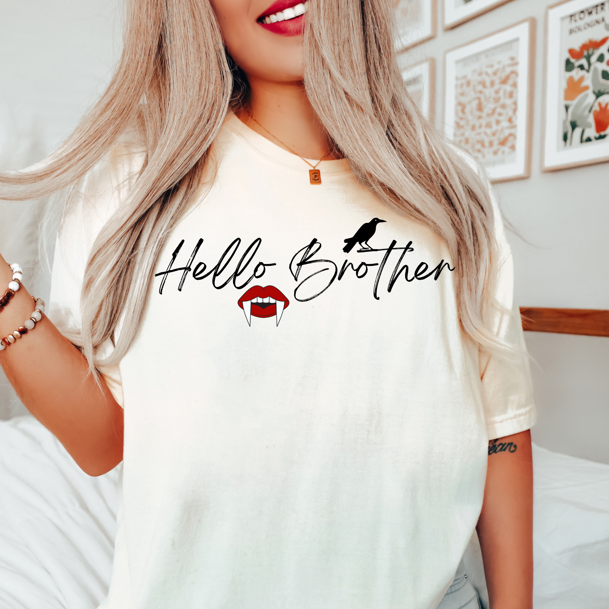 Hello Brother Vampire Diaries T-Shirt | Damon Salvatore TVD Fan Shirt | Oversized Gothic Tee for Men & Women | Perfect for Halloween, Cosplay & Vampire-Themed Parties