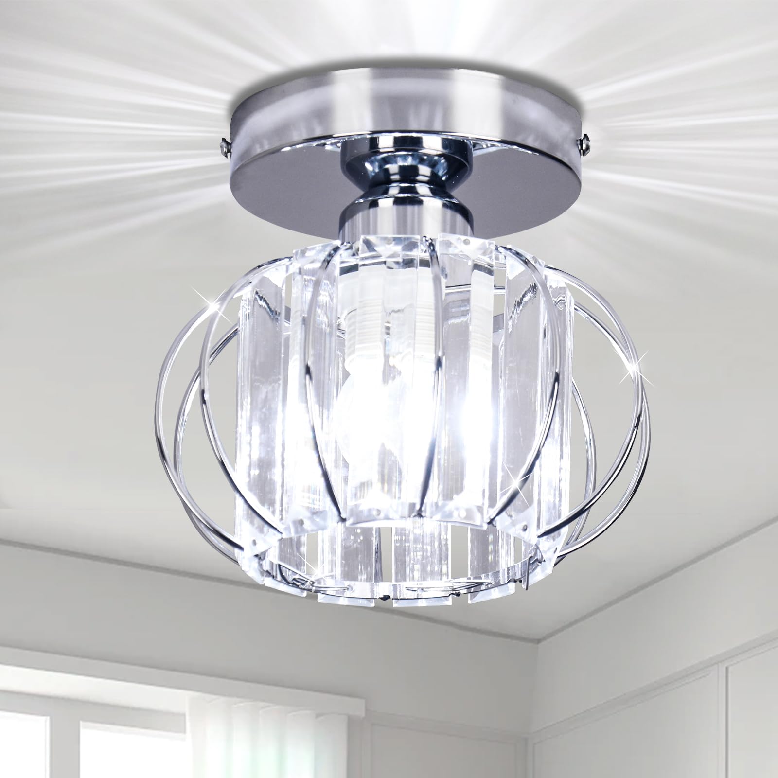 Modern Crystal Chandelier Ceiling Light - Small Semi Flush Mount Lamp with E27 Socket & Chrome Finish - Perfect for Hallway, Kitchen, Dining Room, Bedroom & Stairs Lighting