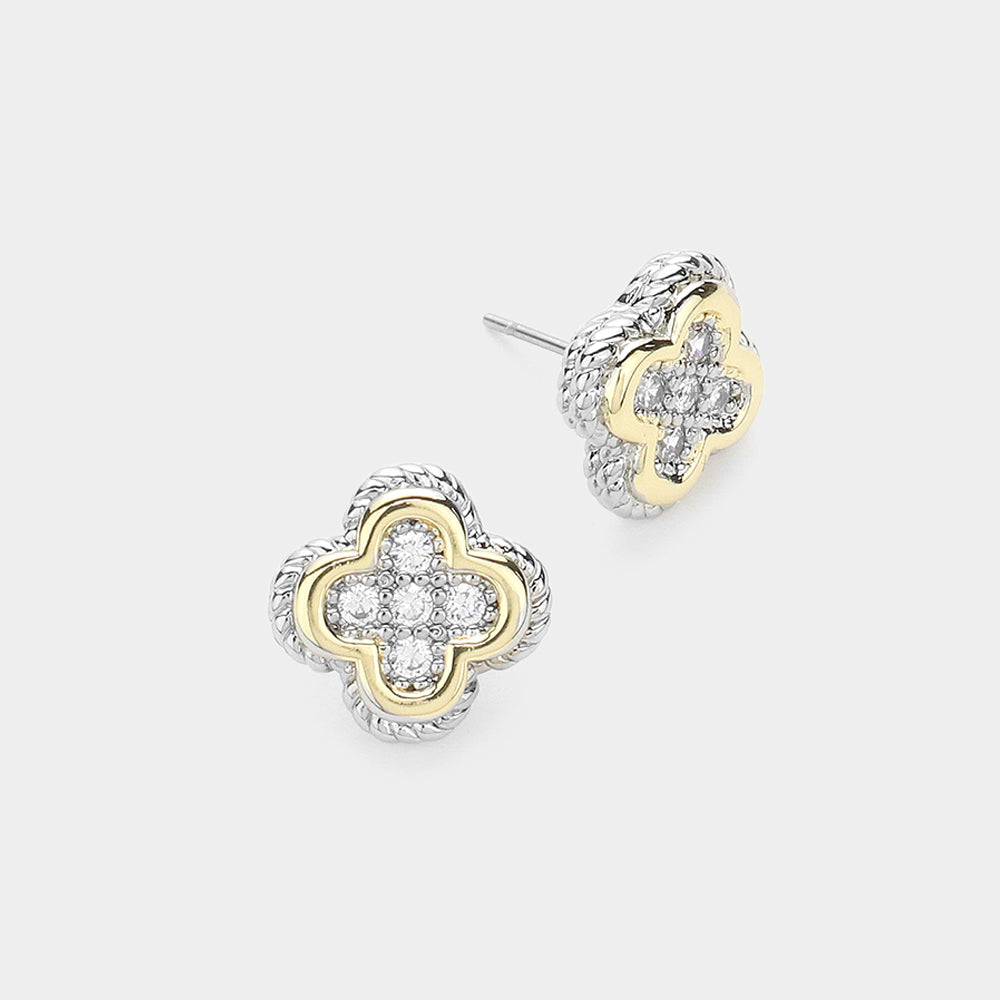 14K Gold Plated CZ Stone Quatrefoil Stud Earrings for Women - Elegant Cubic Zirconia Earrings for Daily Wear, Party & Gift Giving