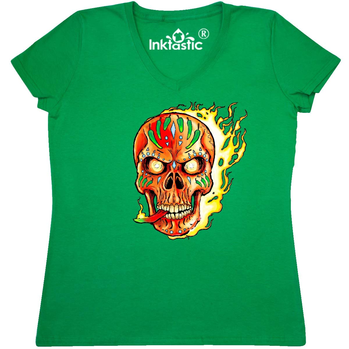Inktastic Hot Sauce Hot Pepper Skull ON FIRE Women's V-Neck T-Shirt - Spicy Food Lover Gift, Skull Graphic Tee for Women, Casual Wear & Halloween Costume