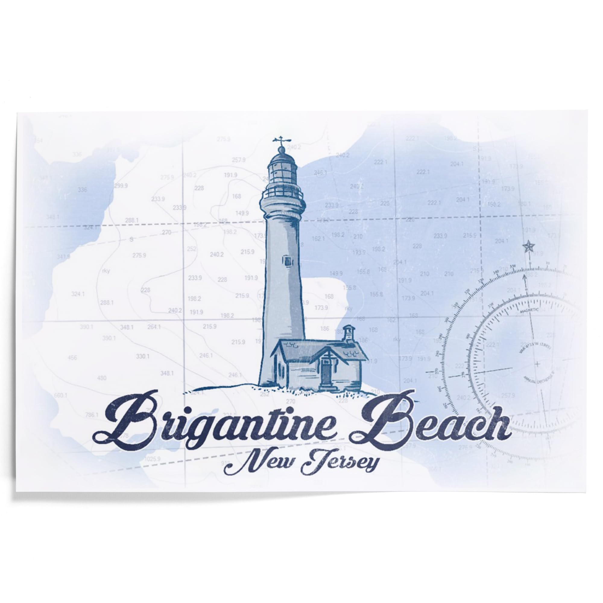 Lantern Press 12x18 Inch Coastal Art Print - Brigantine Beach New Jersey Wall Decor with Beach Chair & Umbrella in Blue | Perfect for Beach House, Living Room or Office Decor