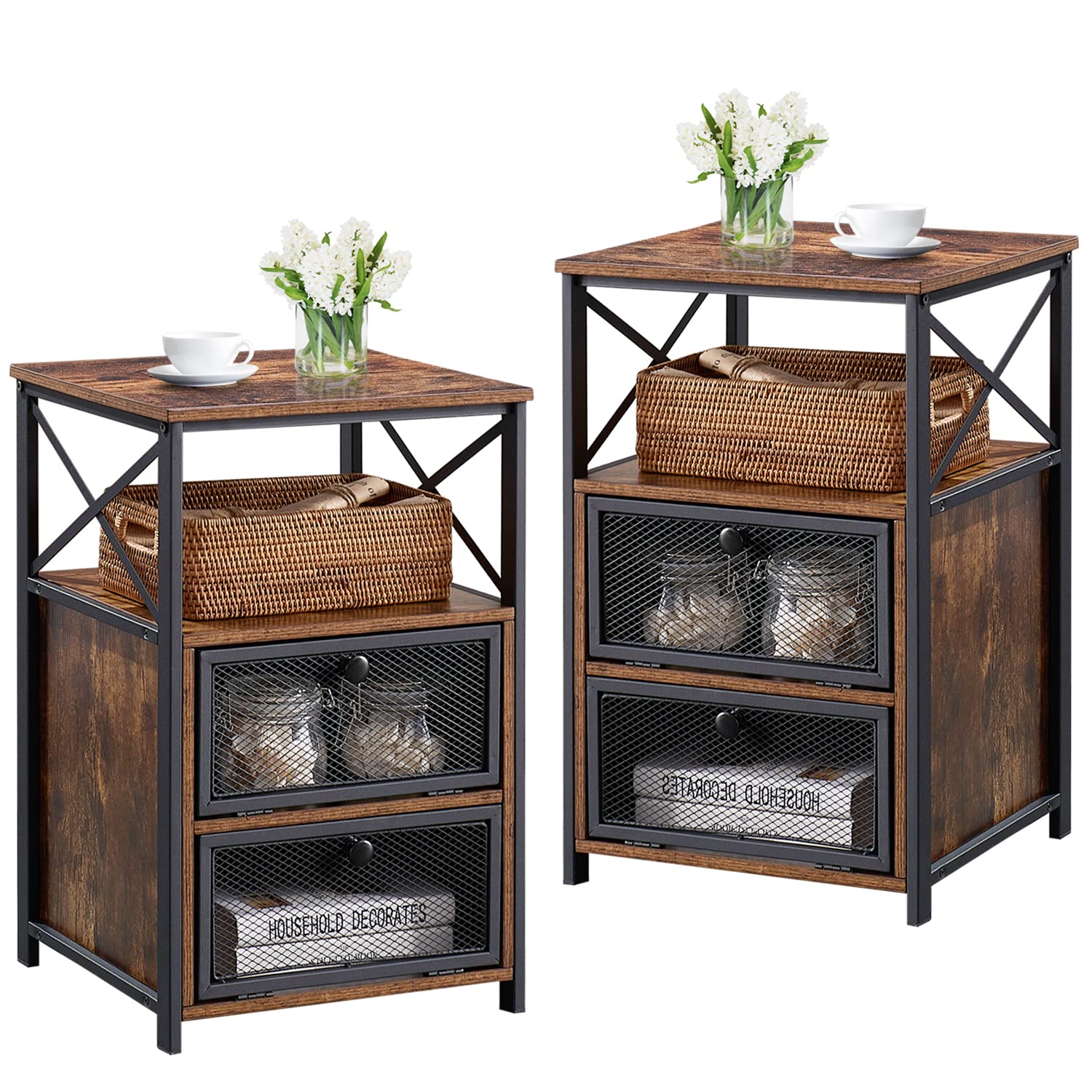VECELO Modern End Table with Flip Drawer & X-Design Side - Sturdy Nightstand for Bedroom, Living Room, Office - Easy Assembly Set of 2 in Classic Brown - Perfect for Small Spaces, Guest Rooms & Home Decor