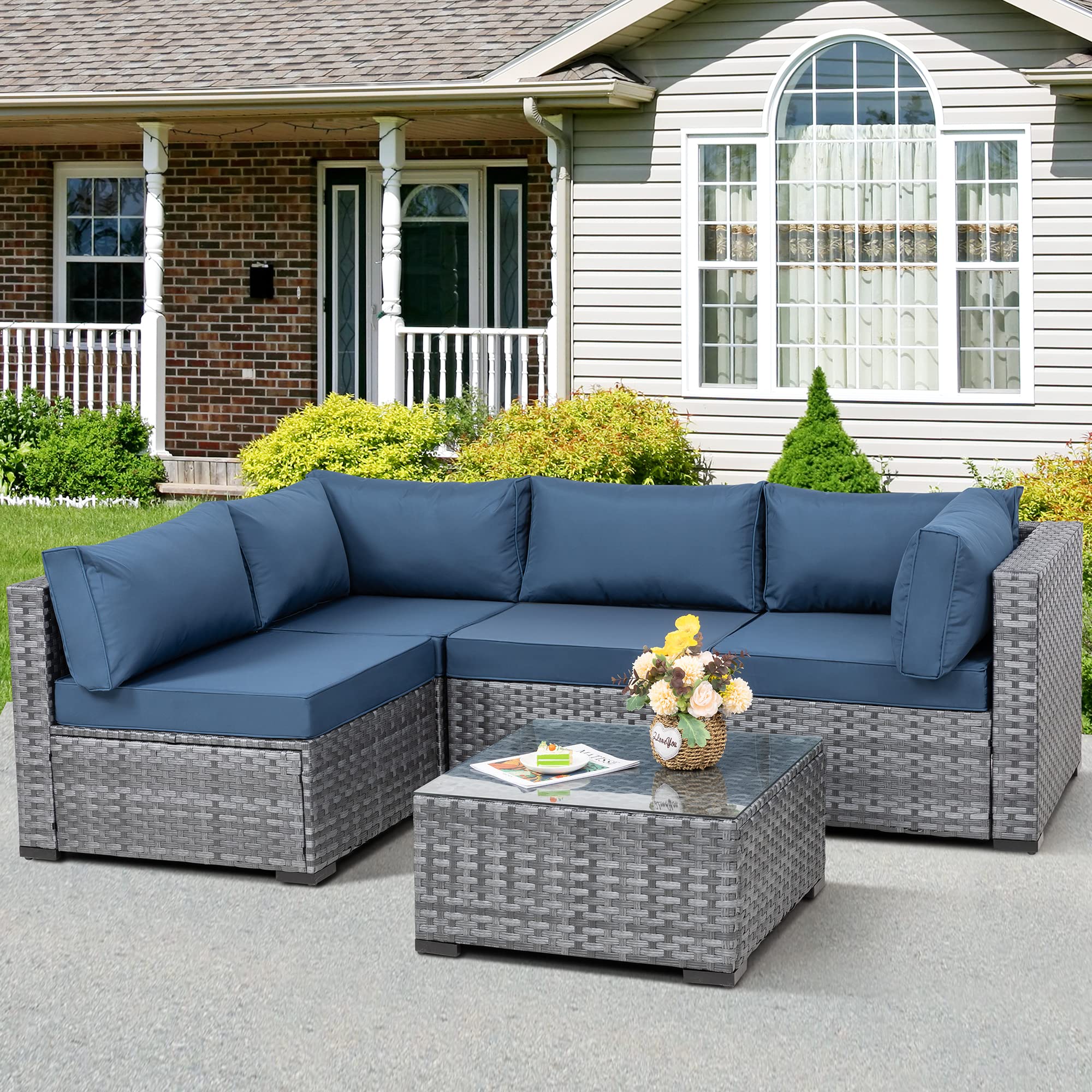 JAMFLY 5-Piece Outdoor Patio Furniture Set - All-Weather Wicker Sectional Sofa with Tempered Glass Coffee Table & Cushions - Rattan Garden Conversation Set for Backyard, Poolside, Deck (Aegean Blue) | Perfect for Outdoor Entertaining, Lounging & Relaxation