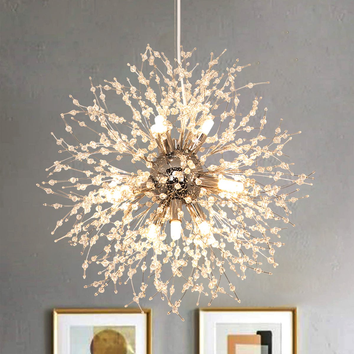Depuley Modern Crystal Chandelier - 8/9/12 Light Dandelion Firework Pendant Lighting Fixture with Chrome Finish for Living Room, Dining Room, Kitchen Island | G9 Bulbs Compatible | Elegant Ceiling Light for Home Decor, Wedding Venues & Restaurants