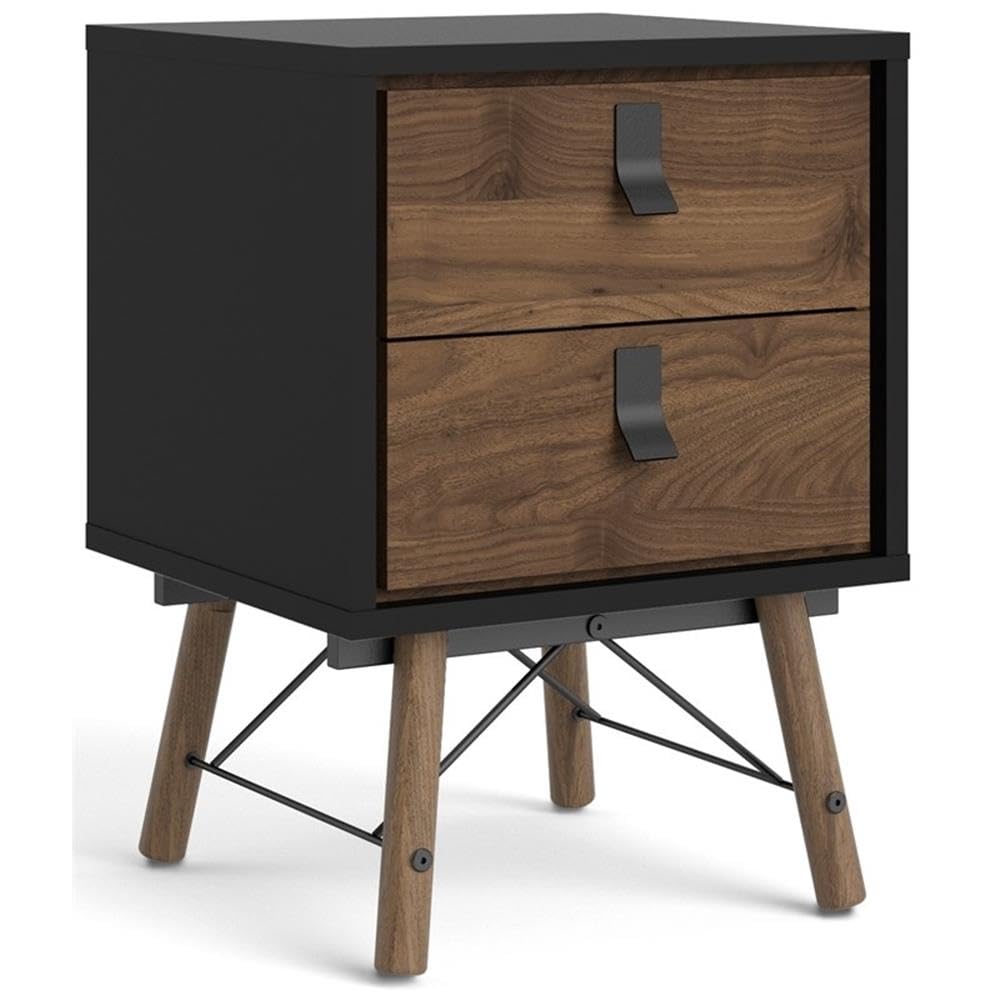 Tvilum Black Matte and Walnut 2-Drawer Nightstand - Modern Bedside Table for Bedroom, Living Room, or Guest Room Storage