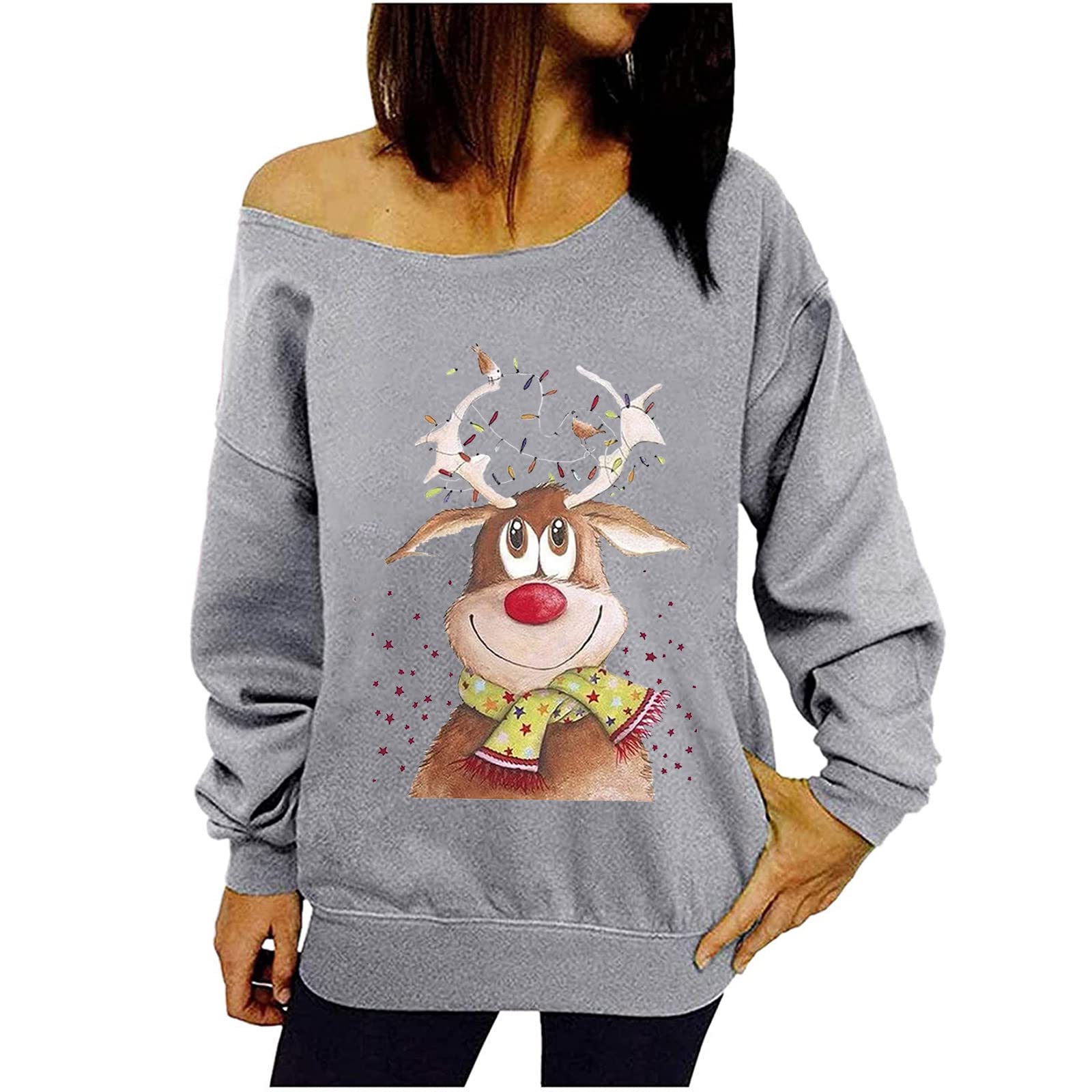 Women's Christmas Print Sweatshirt - Festive Holiday Tops for Autumn & Winter | Cozy Strapless Blouse for Parties, Gifts & Seasonal Outfits