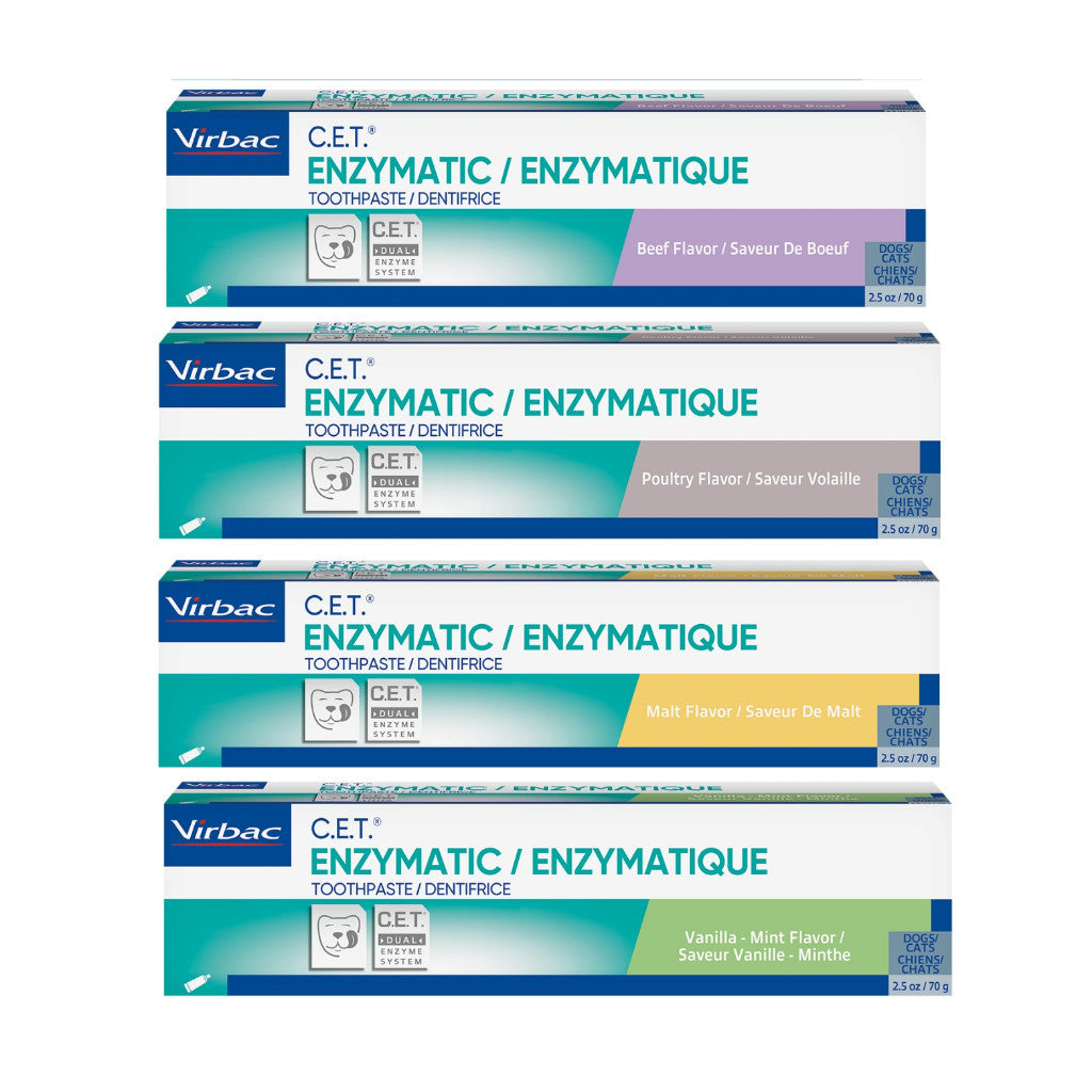 Virbac C.E.T Enzymatic Dog Toothpaste 70g - Beef, Poultry, Malt, Vanilla & Mint Flavors - Dual Enzyme Formula Reduces Plaque & Freshens Breath - Ideal for Daily Oral Care & Dental Hygiene for Dogs
