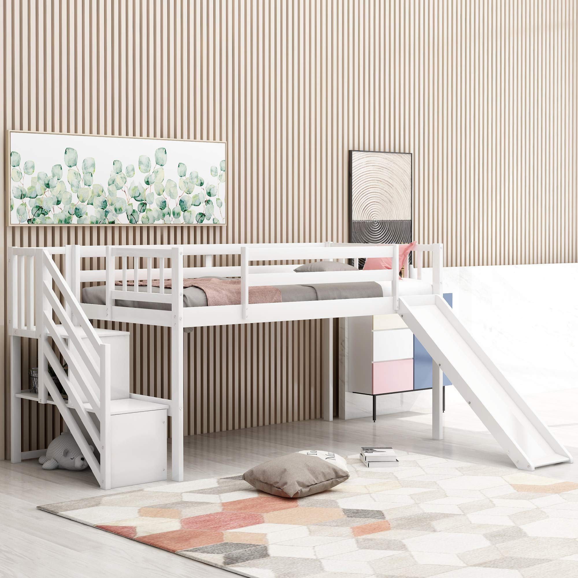 Longrune Twin Size Low Loft Kids Bed with Adjustable Slide, Storage Staircase & Safety Guardrails - Solid Pine Wood Bed Frame for Children's Room - White | Perfect for Small Spaces, Playrooms & Sibling Shared Bedrooms