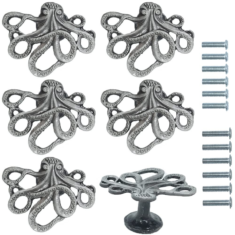 CPELLESSE 6-Pack Beach Octopus Cabinet Knobs - Zinc Alloy Decorative Drawer Pulls & Handles for Dresser, Single Hole Installation (Antique Tin Finish) - Perfect for Coastal, Nautical & Beach-Themed Home Decor