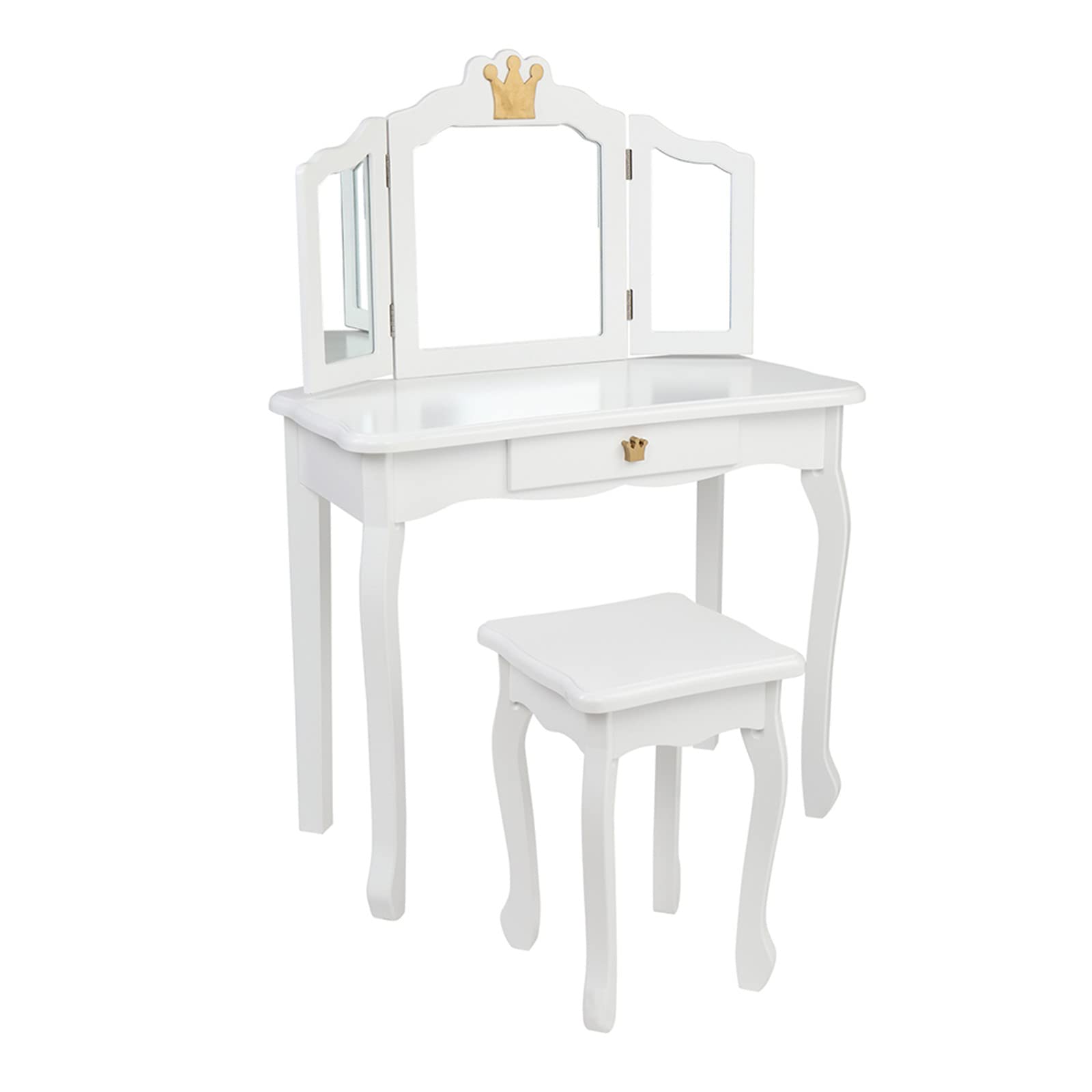 Tesmula Kids Wooden Dressing Table with 3-Sided Folding Mirror, Chair & Single Drawer - White Crown Style Princess Vanity Set for Bedroom | Perfect for Pretend Play, Birthday Gifts & Girls Room Decor