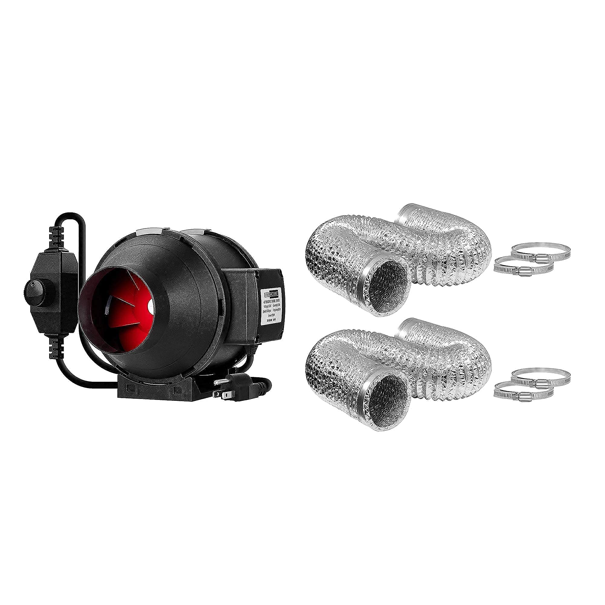 VIVOHOME 4 Inch 188 CFM Black Round Inline Duct Fan with Flexible Dryer Vent Hose - Powerful Ventilation for Home, Grow Tents, Greenhouses & Hydroponics