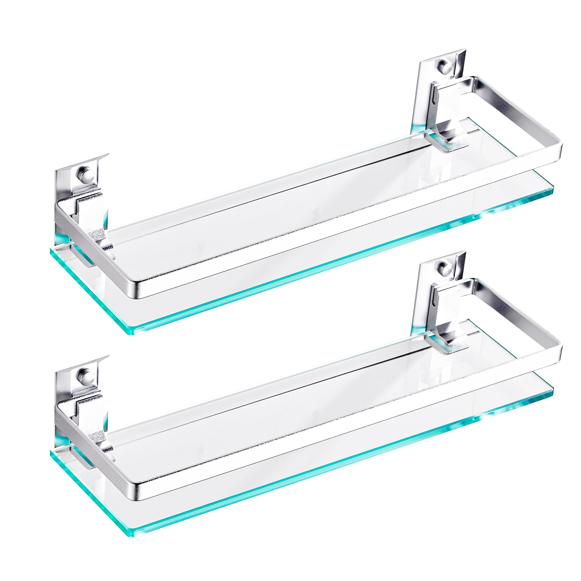 Premium Tempered Glass Bathroom Shelf with Upgraded Bracket - Silver Rectangular Shower Organizer (2 Pack) for Bathroom Storage & Spa Decor - Perfect for Shampoo, Soap & Towel Organization in Showers, Vanities & Spa Areas