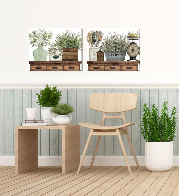 Country Flowers II Wall Art - Green & Light Brown Framed Canvas Print 20x16 Inches - Perfect for Living Room, Bedroom & Home Decor