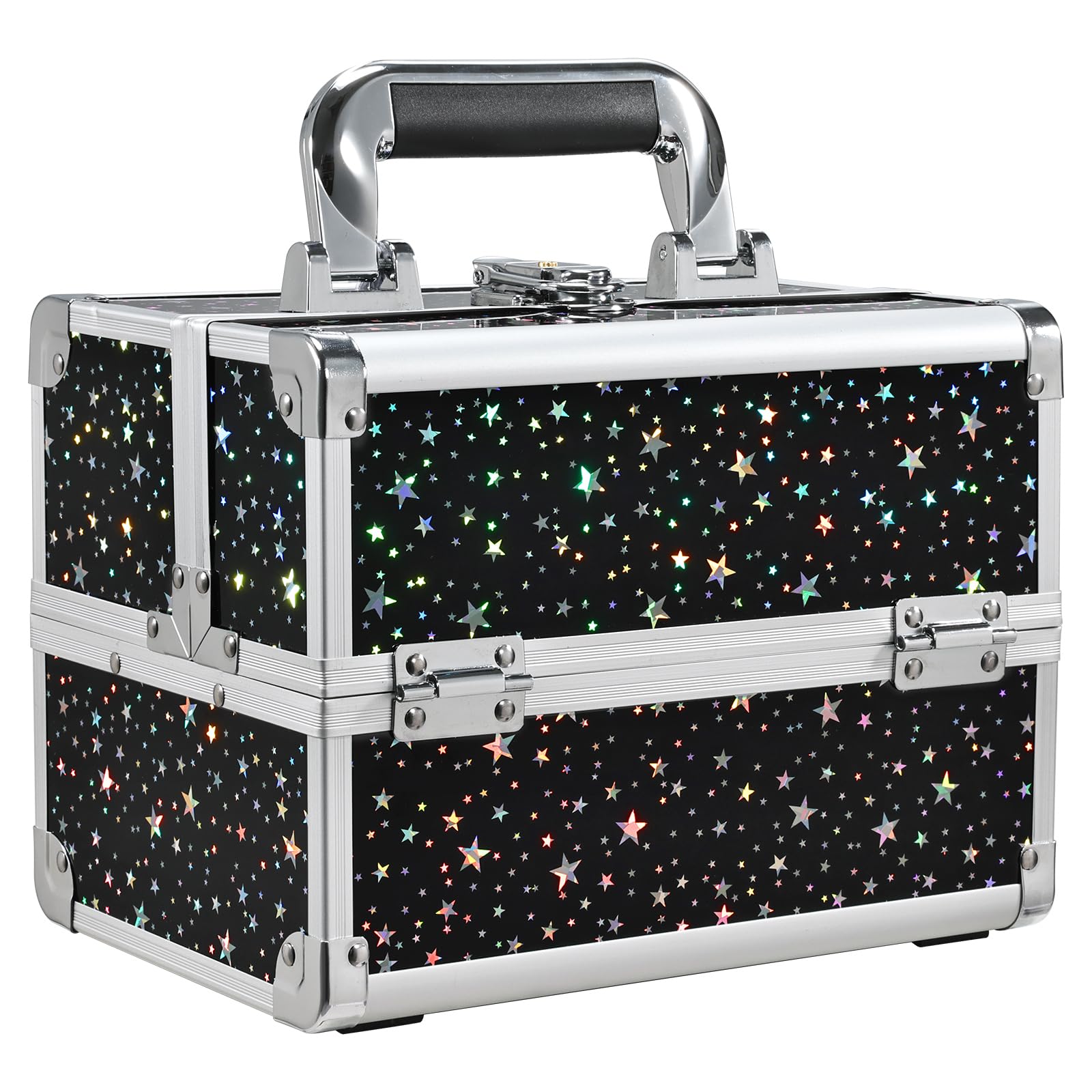Joligrace Professional Makeup Train Case - Lockable Portable Cosmetic Organizer with 2 Trays & Mirror for Makeup Artists, Nail Technicians & Beauticians - Perfect for Travel & Salon Storage - Black Star Design