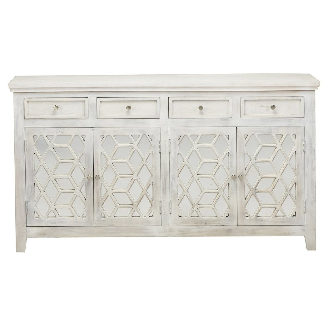 French Arched White Wash Mirrored Sideboard with 4 Drawers & 4 Doors - Elegant Entryway Console Table for Living Room, Bedroom & Hallway Storage