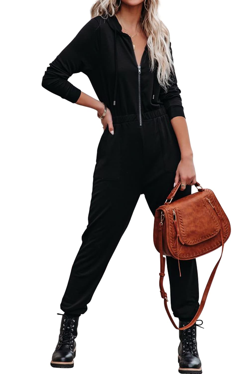 ReachMe Women's Long Sleeve Off Shoulder Jumpsuit with Pockets - Stretchy Elastic Waist Romper One Piece Jumper for Casual Outings, Date Night & Vacation Wear