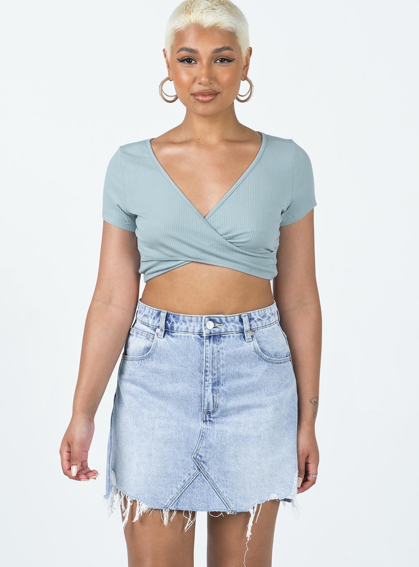 A-Line Denim Skirt for Women - Mid Wash Rhonda Rip Style - Perfect for Casual Outfits, Office Wear & Weekend Brunch
