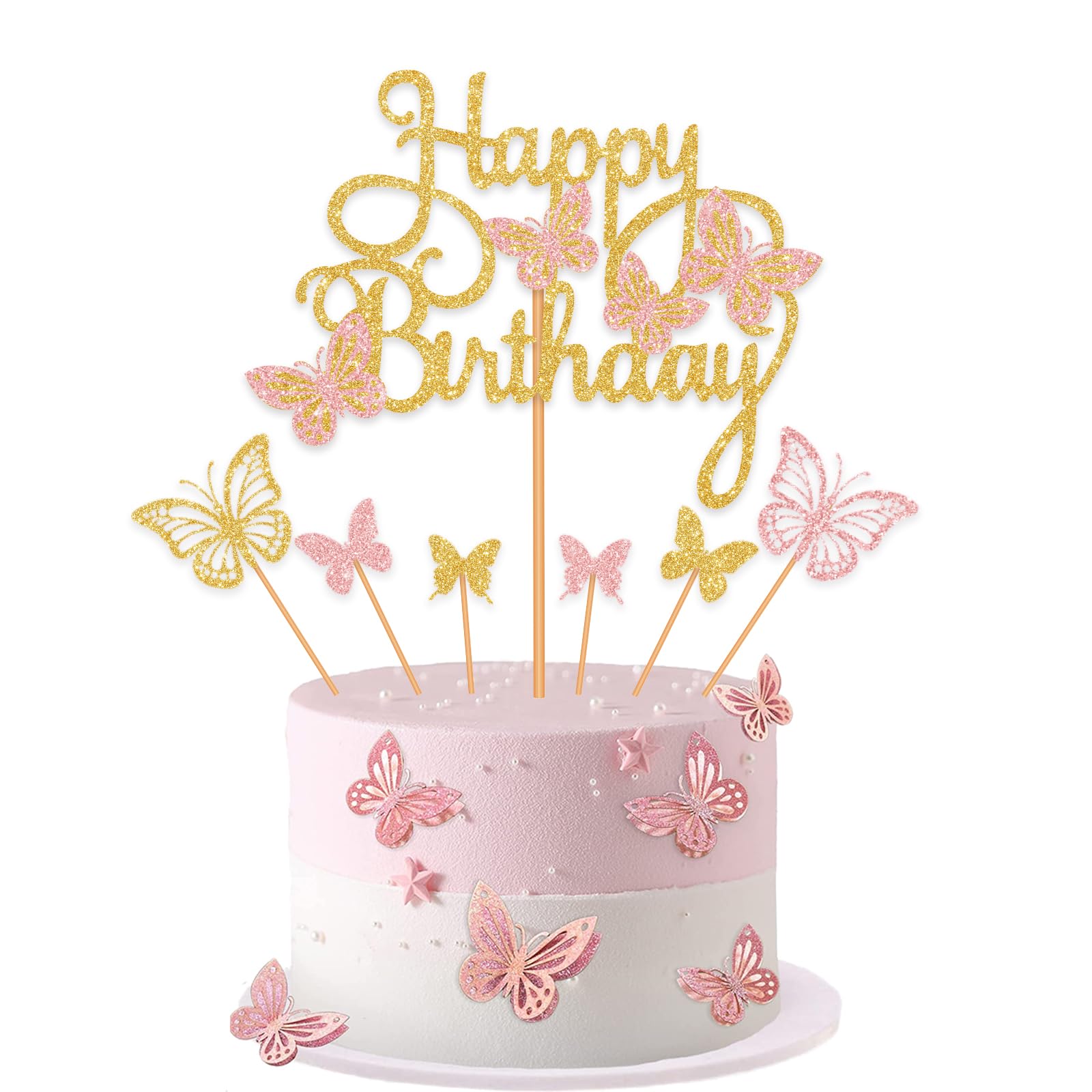 Blopee Gold Happy Birthday Cake Topper Set - 7pcs Butterfly Cake Decorations with Birthday Sign for Party, Wedding, Anniversary & Baby Shower Cakes - Elegant Gold & Pink Cake Toppers for Festive Celebrations